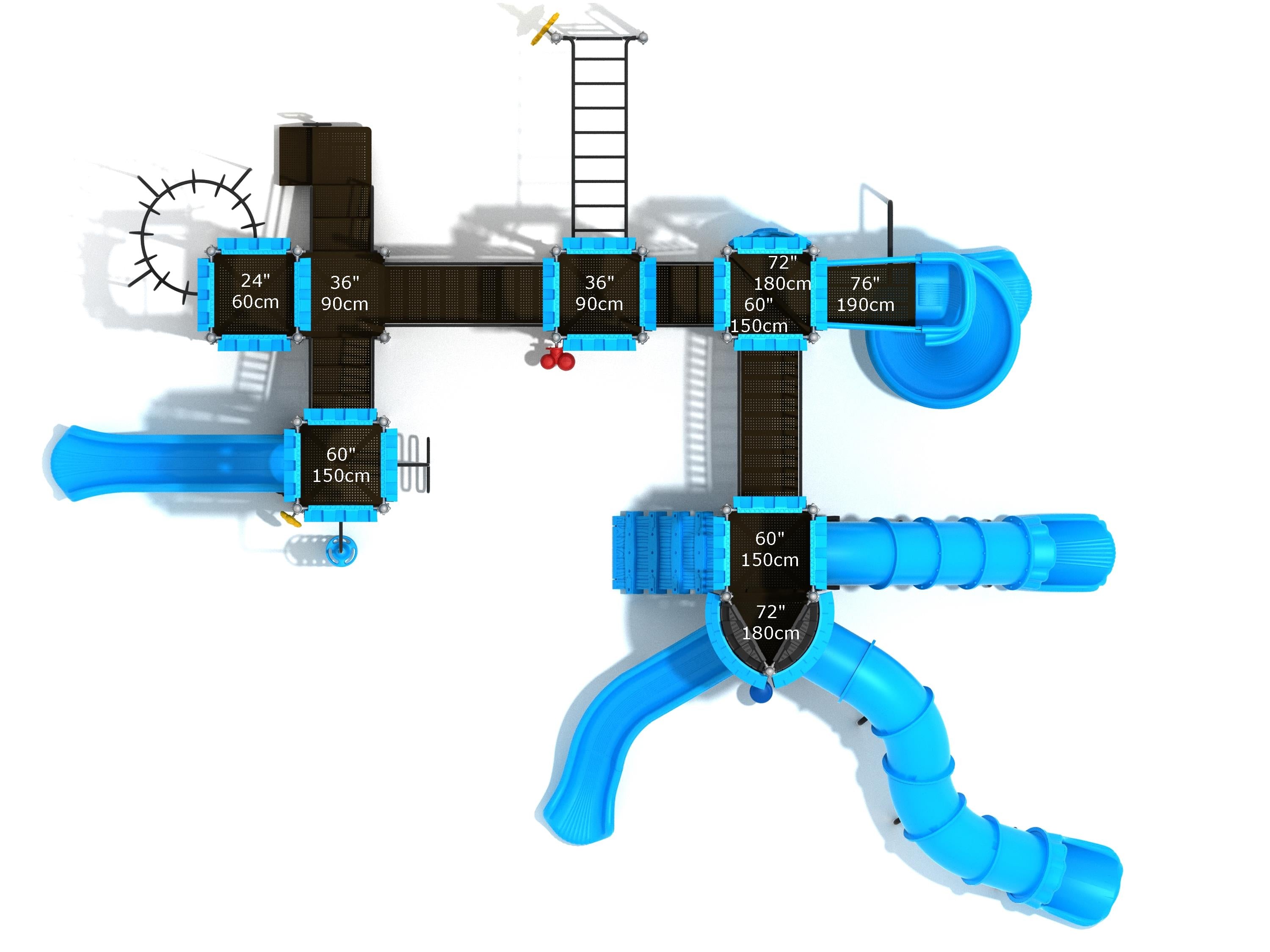 Overhead view of a large blue and brown castle-themed commercial playground with slides, bridges, climbers, and interactive panels