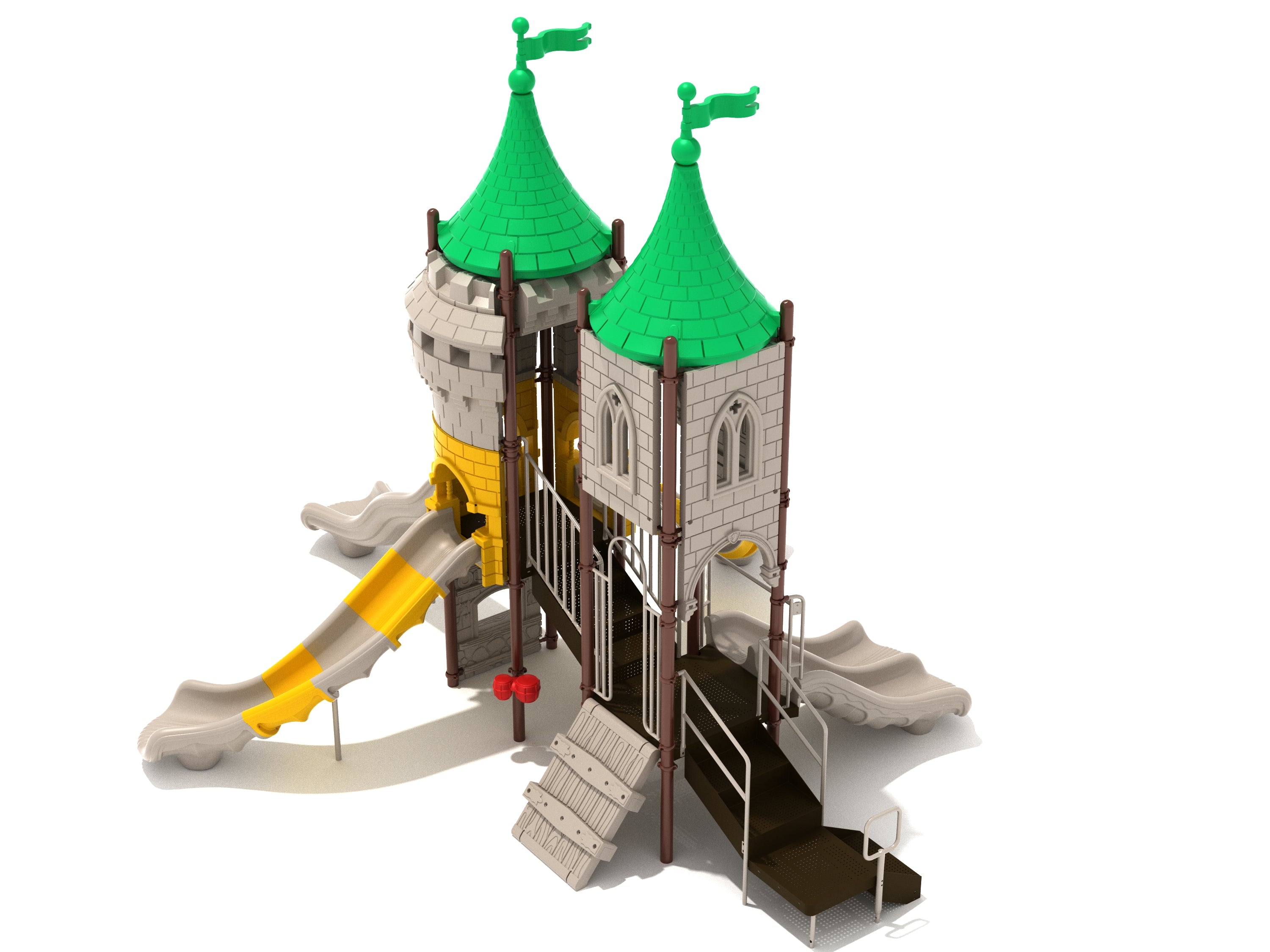 Oracle's Library Playground with castle-themed towers, green roofs, double slides, climbers, and play panels for active imaginative play