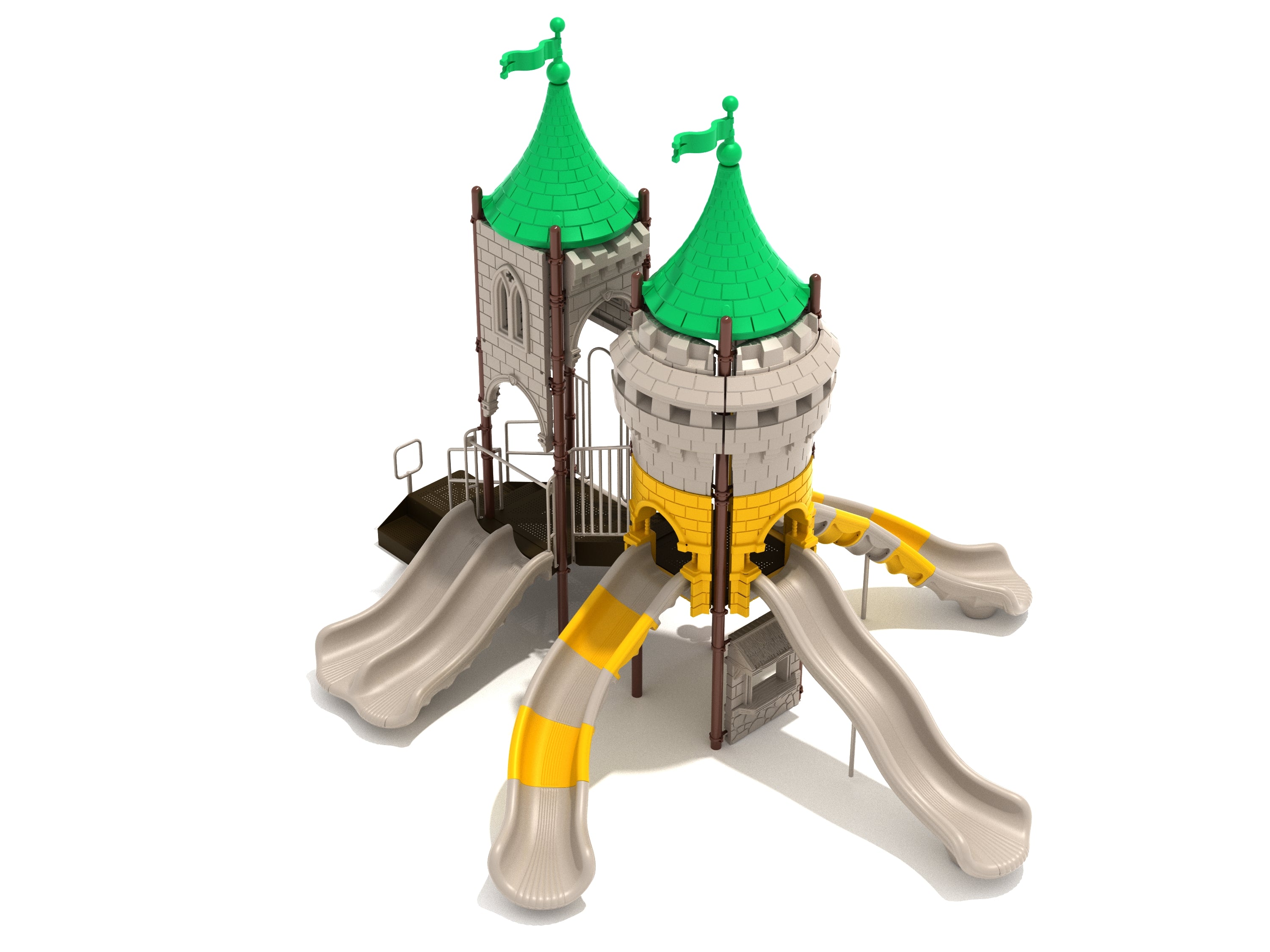 Overhead view of castle-themed playground with green turrets, beige and yellow slides, climbing features, and interactive play panels