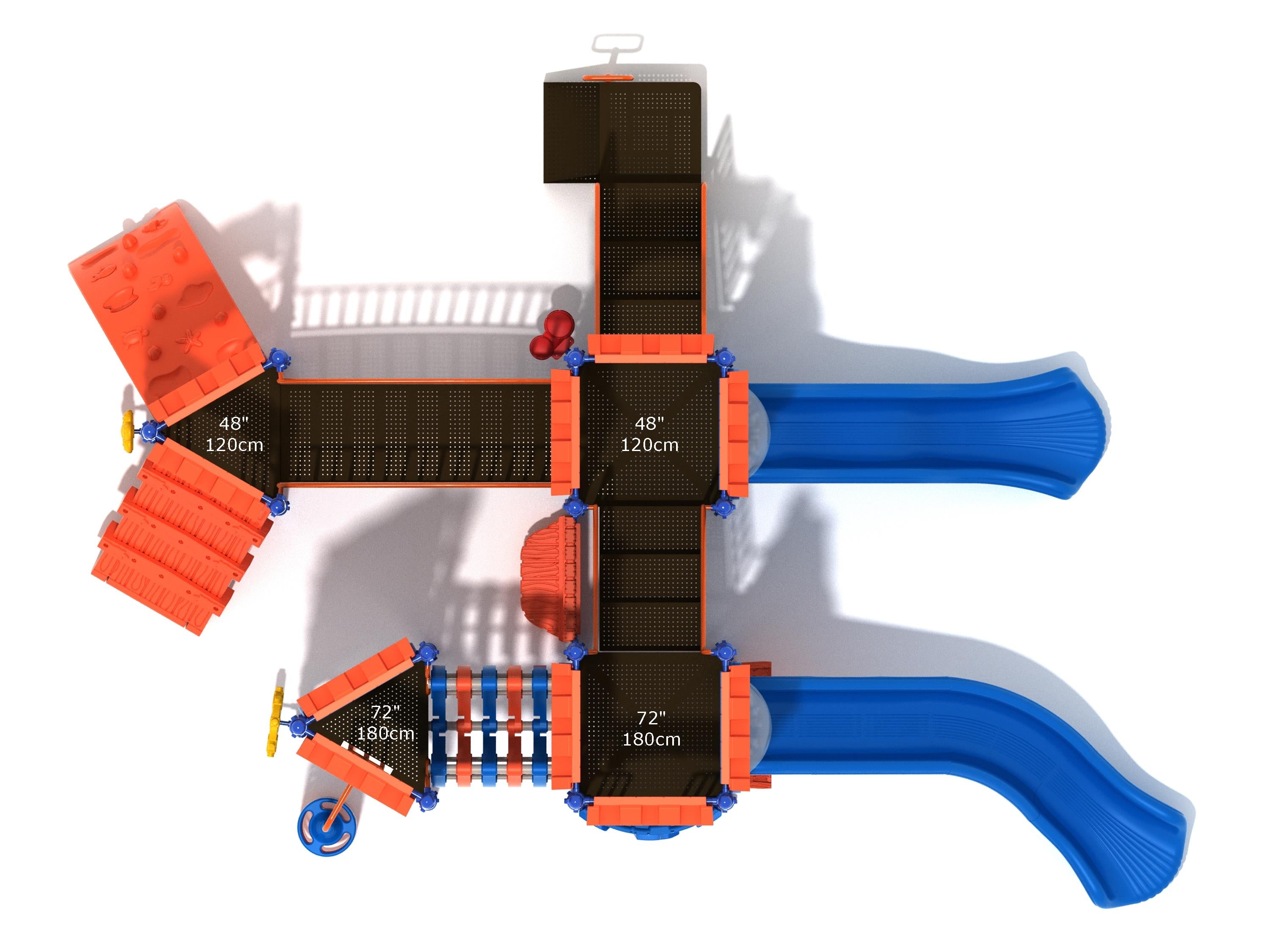 Overhead view of castle-themed playground with blue wave and right-turn slides, rock climbing wall, bridges, and interactive panels