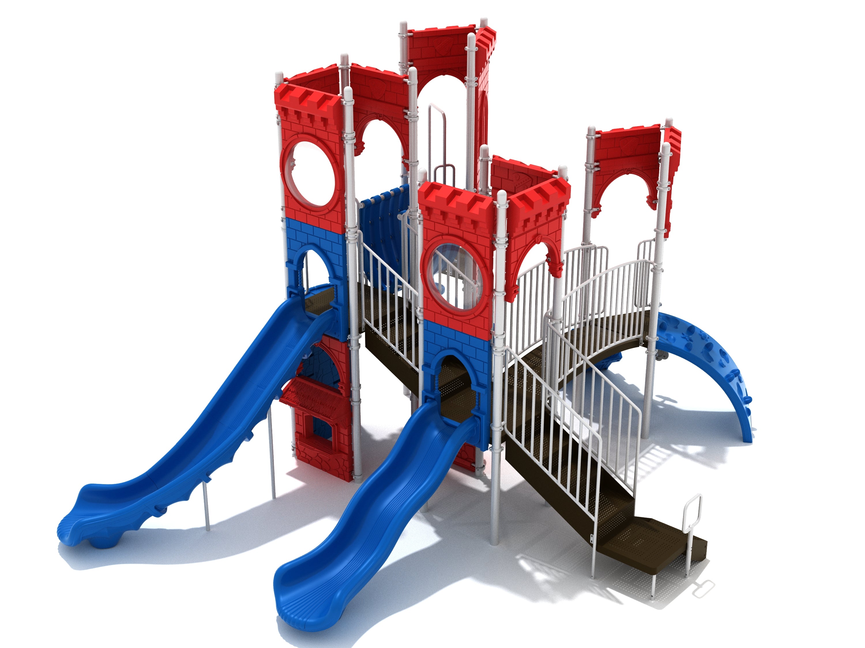 Alcazar Acres Playground castle-themed play system with red and blue slides, climbing wall, and bridge for active, imaginative play