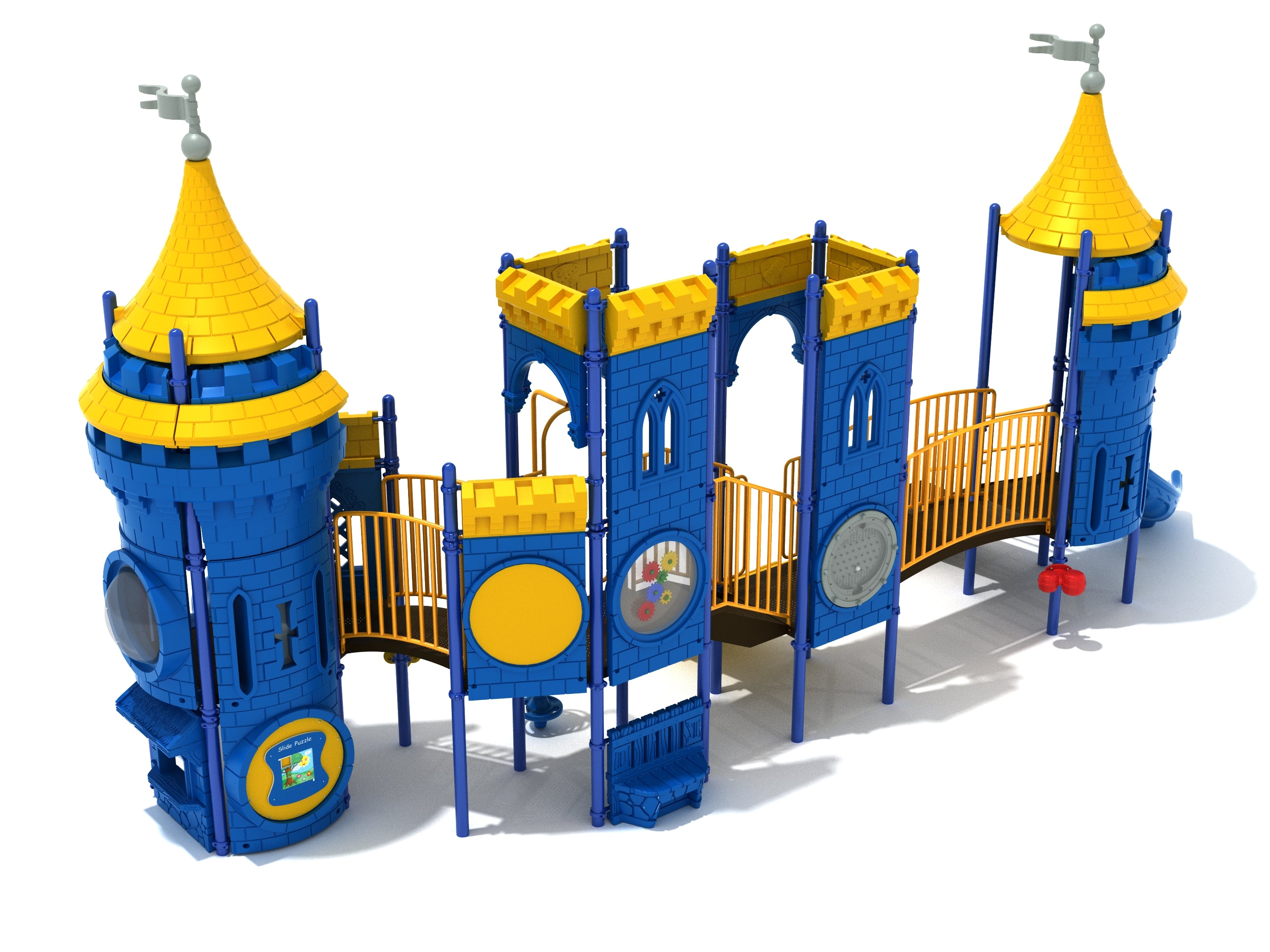 Reeve's Rampart Playground castle-themed play system with blue towers, yellow roofs, bridges, slides, and interactive panels for inclusive outdoor fun