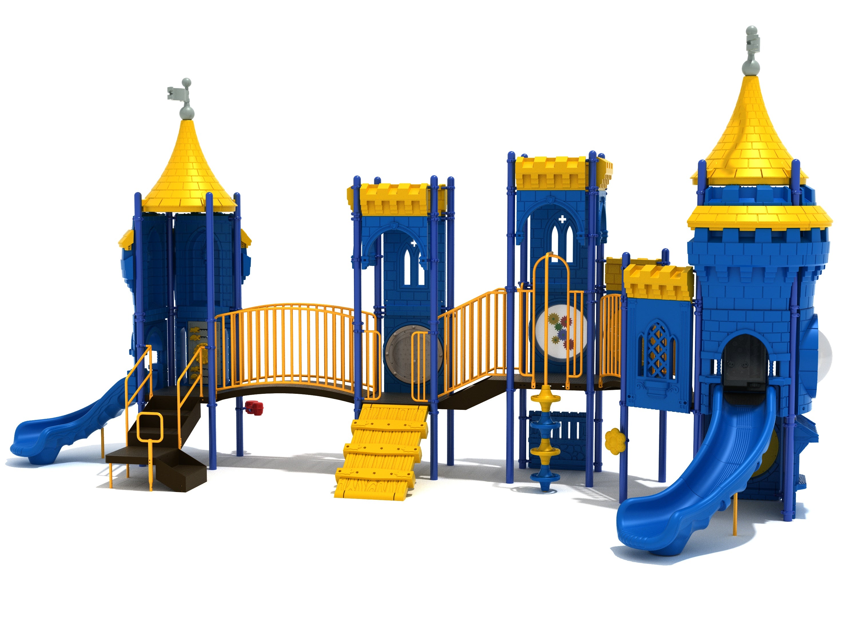 Castle-themed playground with blue and yellow towers, slides, bridges, and interactive play panels for inclusive outdoor fun.