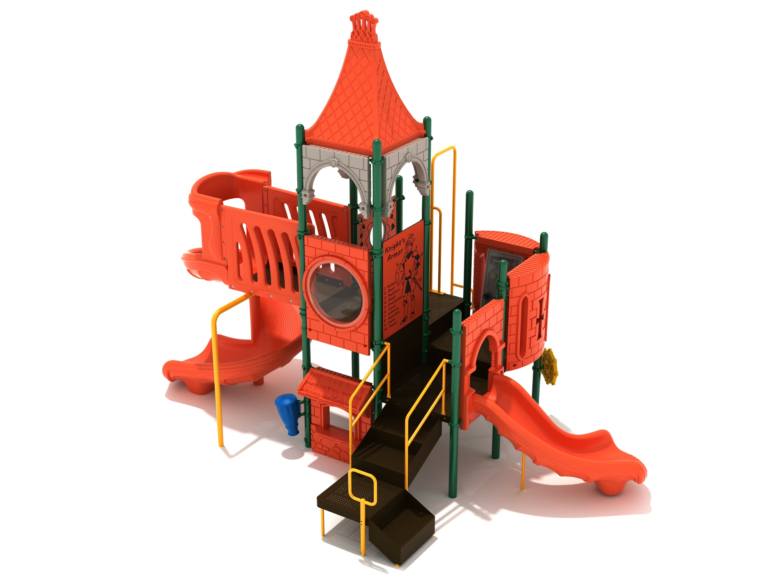Winding River Lookout Playground with castle-themed towers, orange and green slides, interactive panels, and climbing features for active play