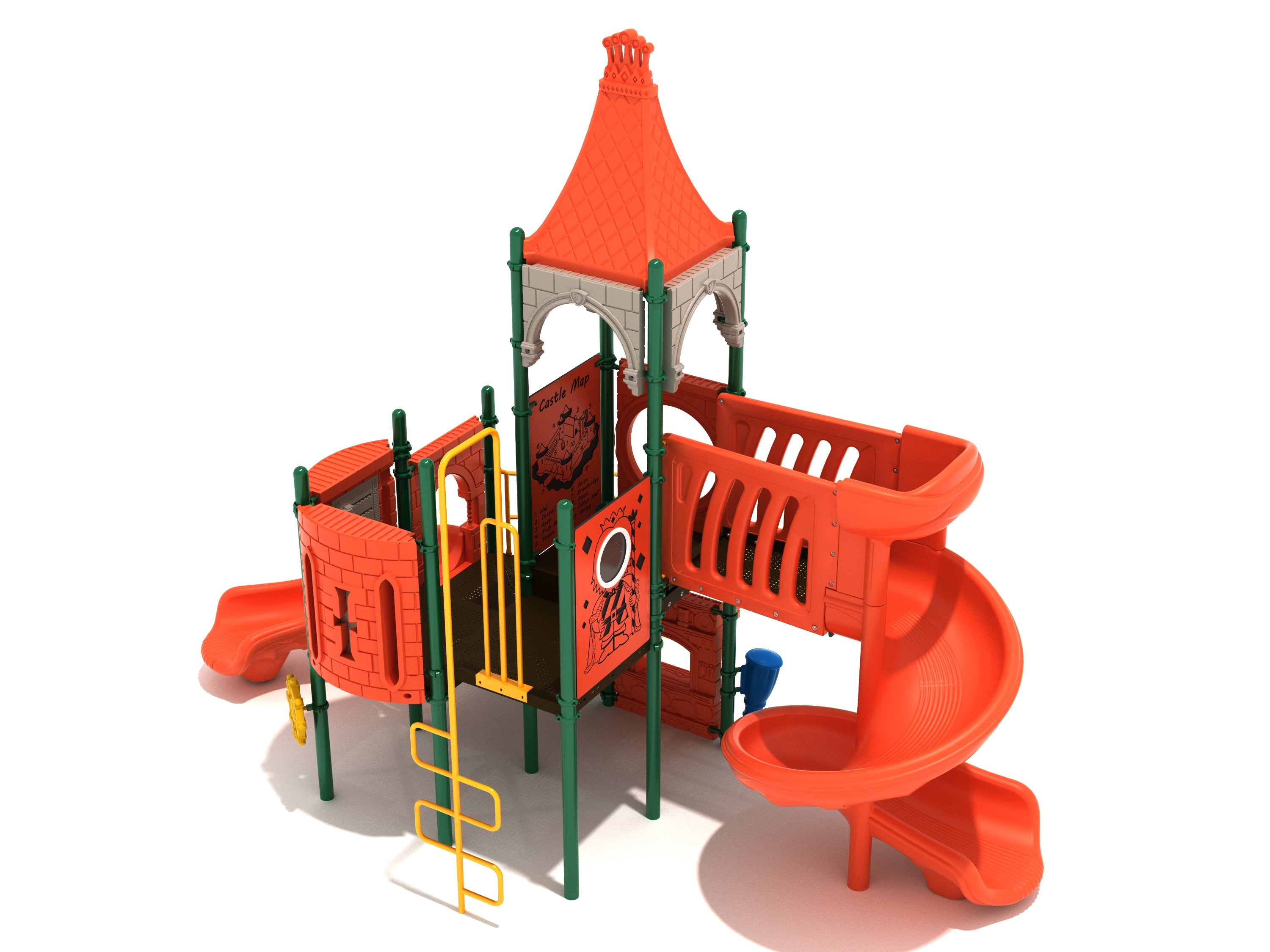 Castle-themed playground with orange slides, green poles, yellow ladder, and interactive play panels for active, imaginative play.