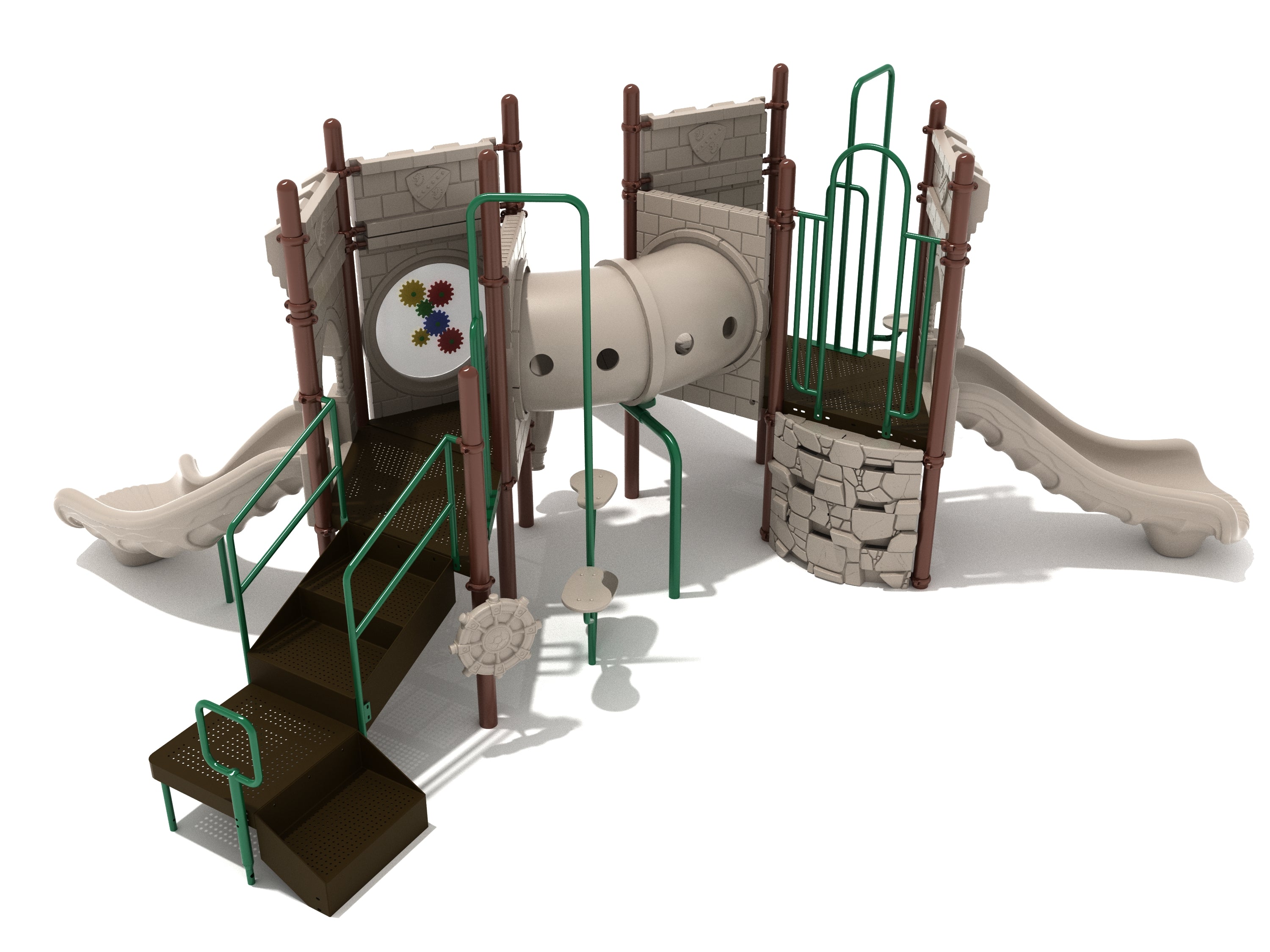 Play structure with slides, climbing wall, tube tunnel, stairs, and interactive gear panels in neutral tones and green accents