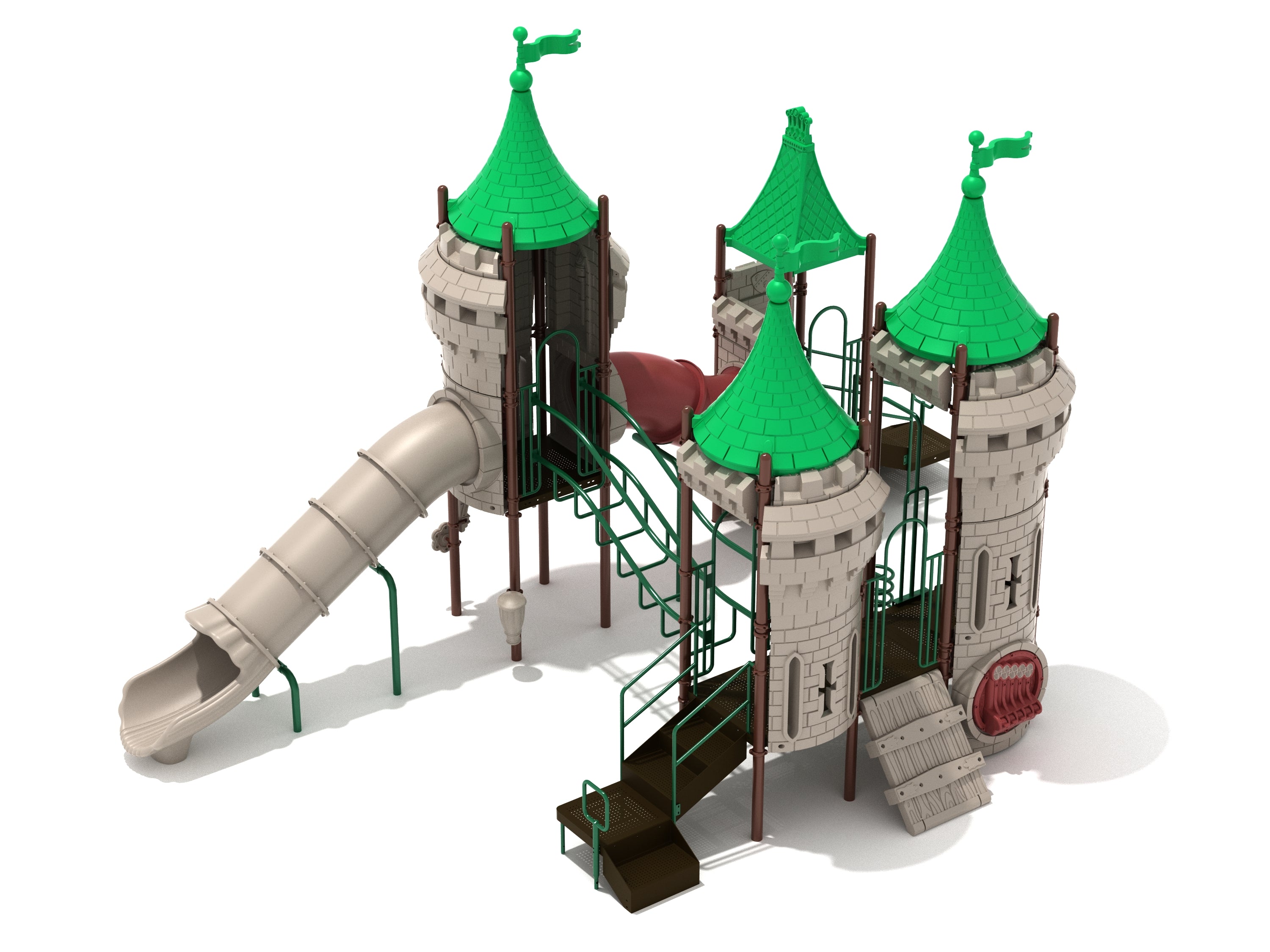 Banneret Borough Playground castle-themed play system with green turrets, tube slide, climbers, and activity panels