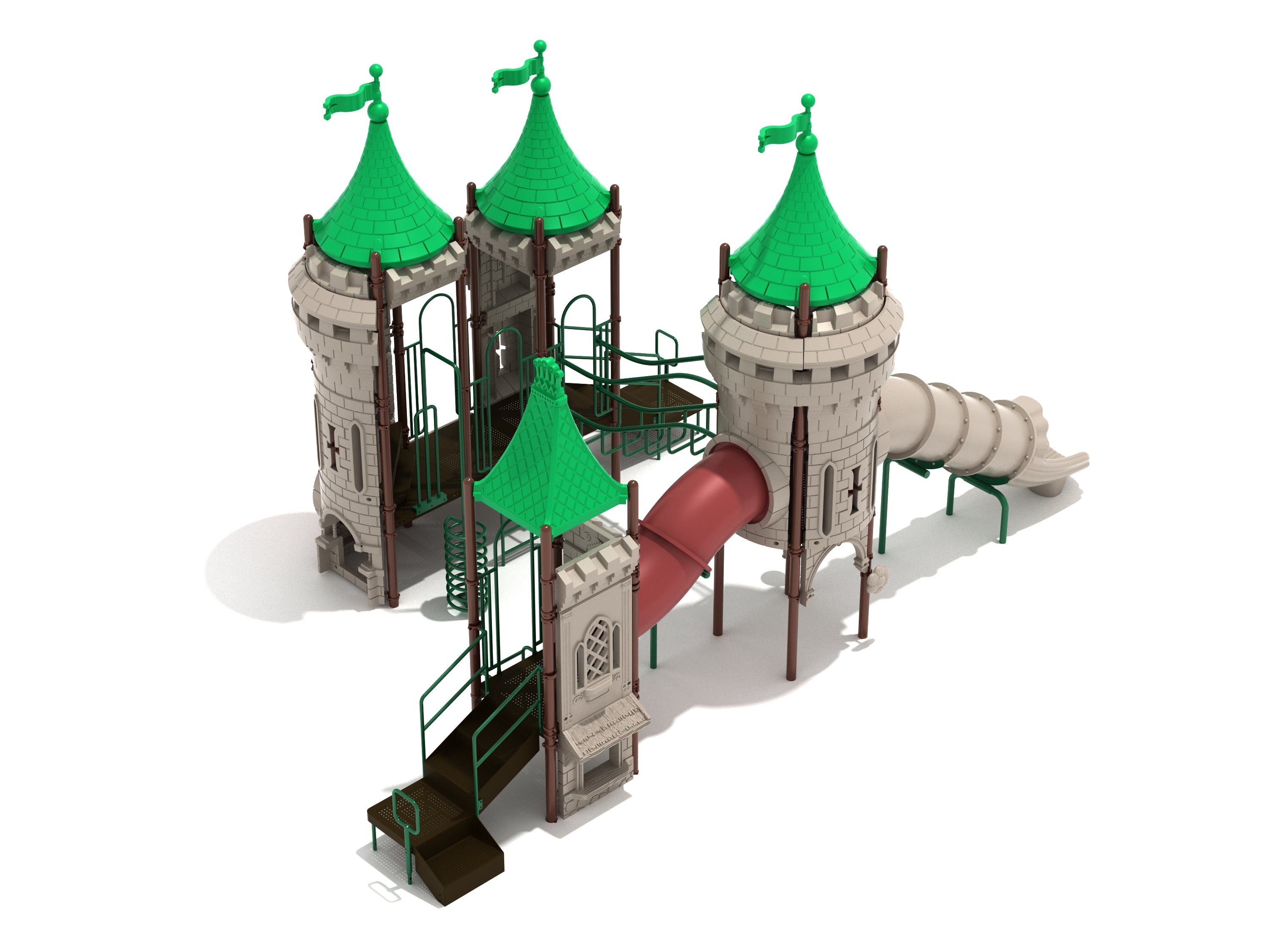 Castle-themed playground with green peaked roofs, spiral climber, tube slide, connecting bridges, and interactive play panels
