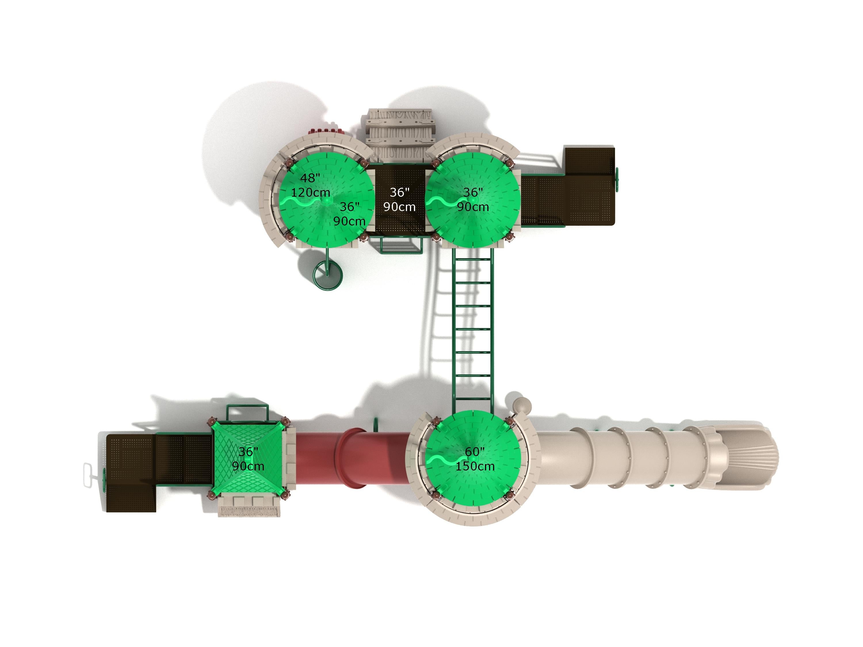 Overhead view of a commercial playground featuring green-roofed towers, vertical ladders, elevated decks, and a long beige tube slide.