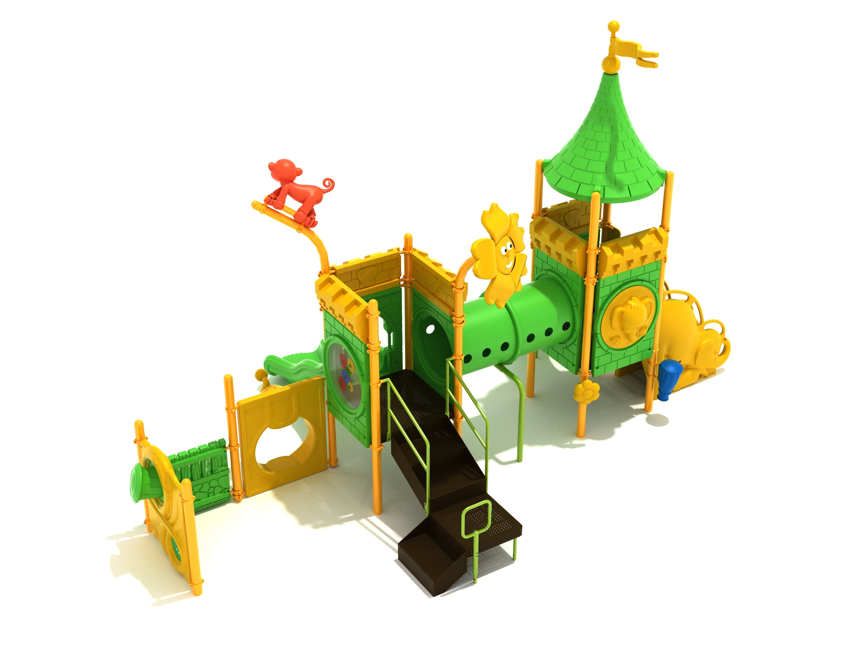 Colorful playground with green tower, animal toppers, tube bridge, stairs, slides, and interactive play panels including drums and gears.