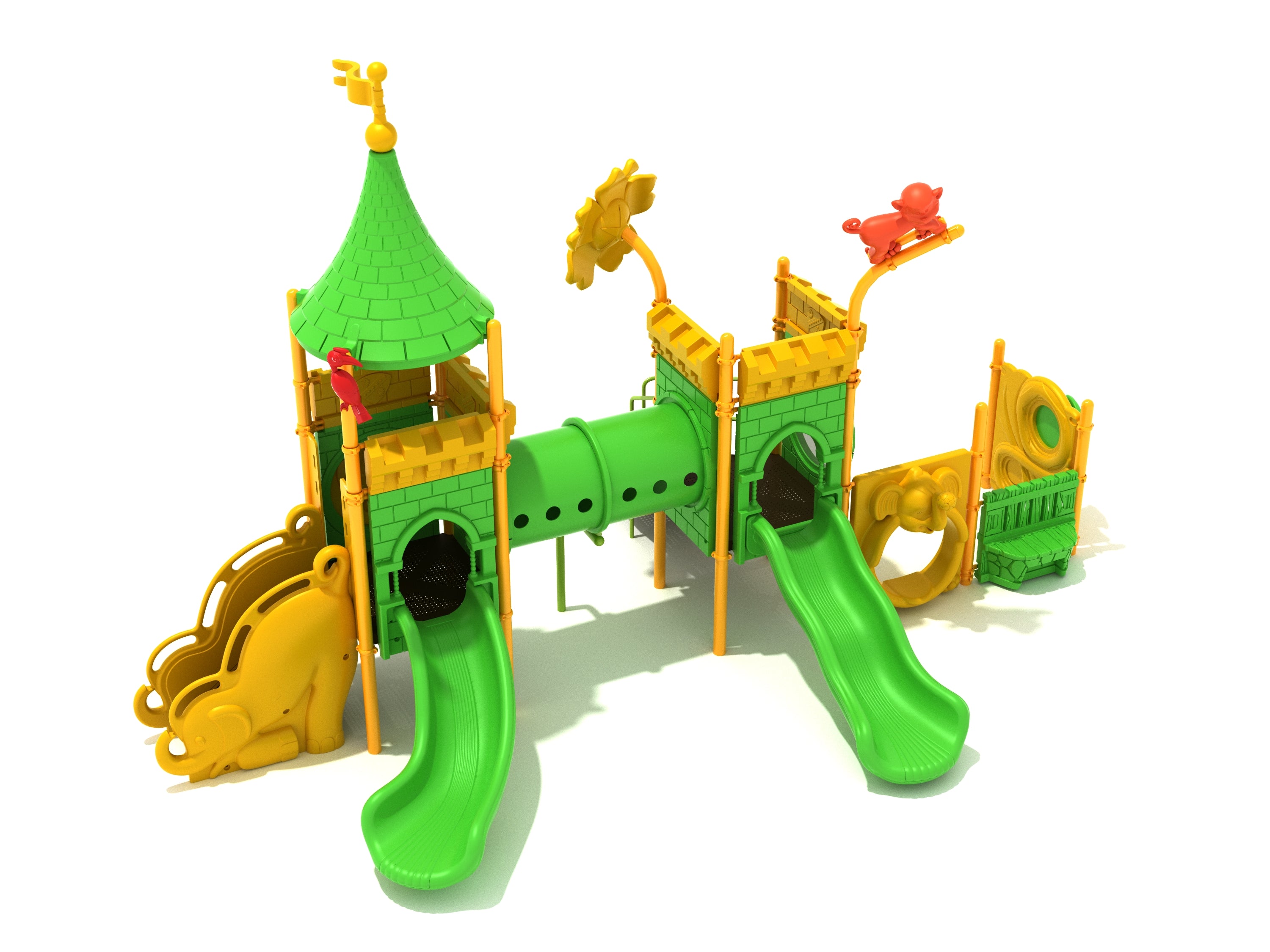 Colorful playground with green slides, yellow animal panels, tube bridge, and decorative animal toppers including elephants.