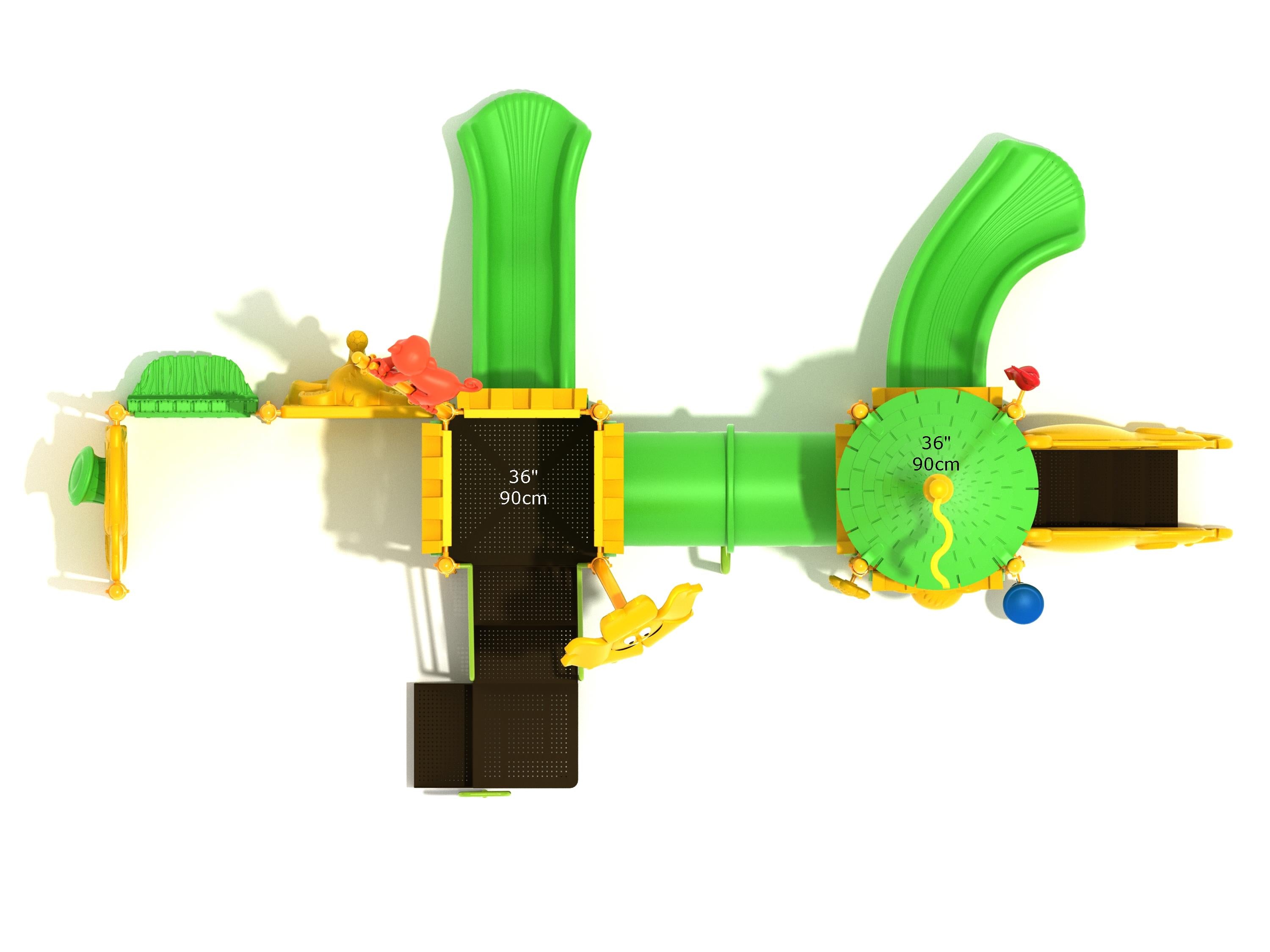 Overhead view of colorful playground with green slides, yellow animal toppers, interactive panels, and elephant-themed play features