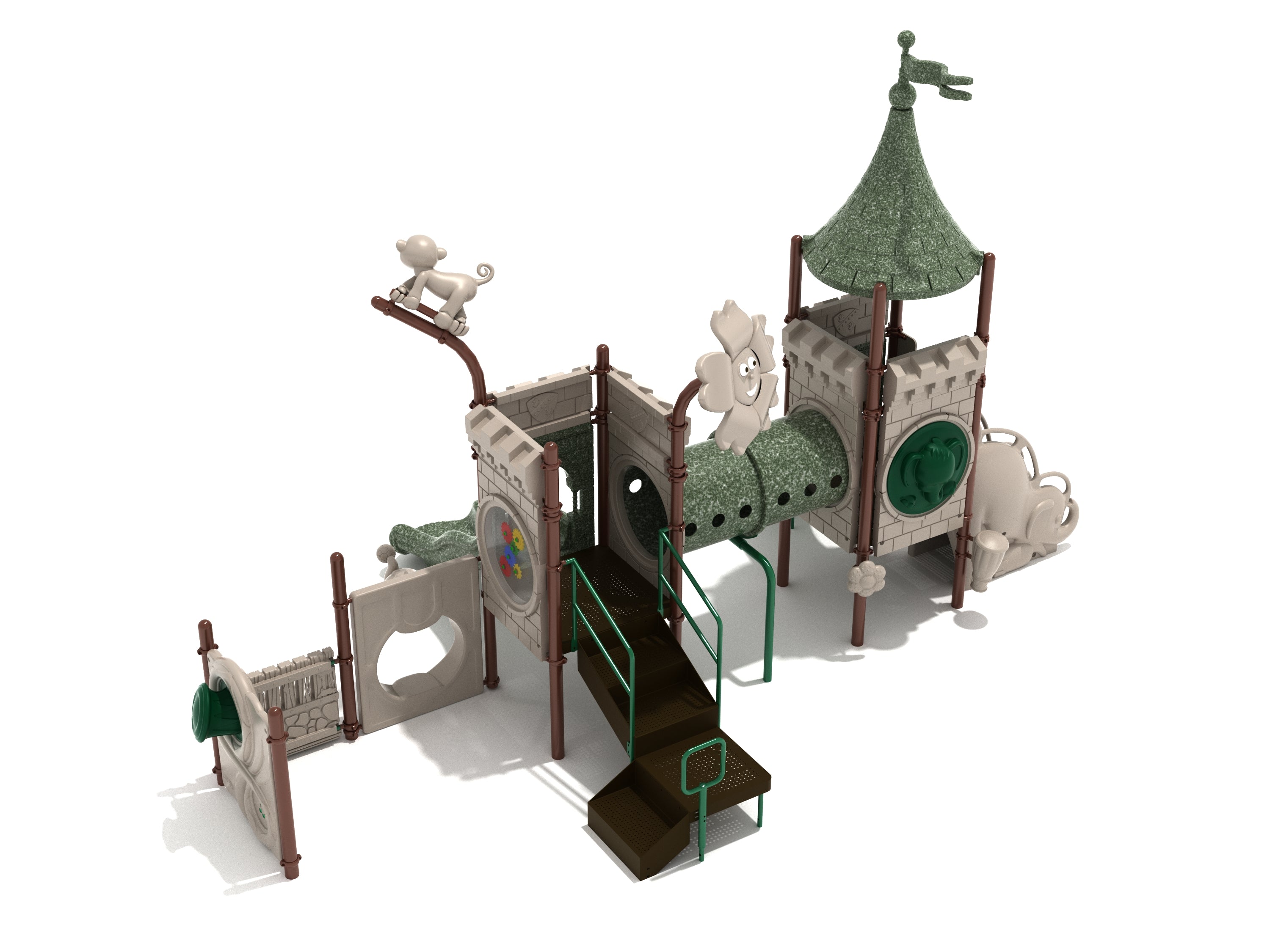 Playground with animal toppers, elephant-themed panels, tube bridge, stairs, interactive gear and drum features