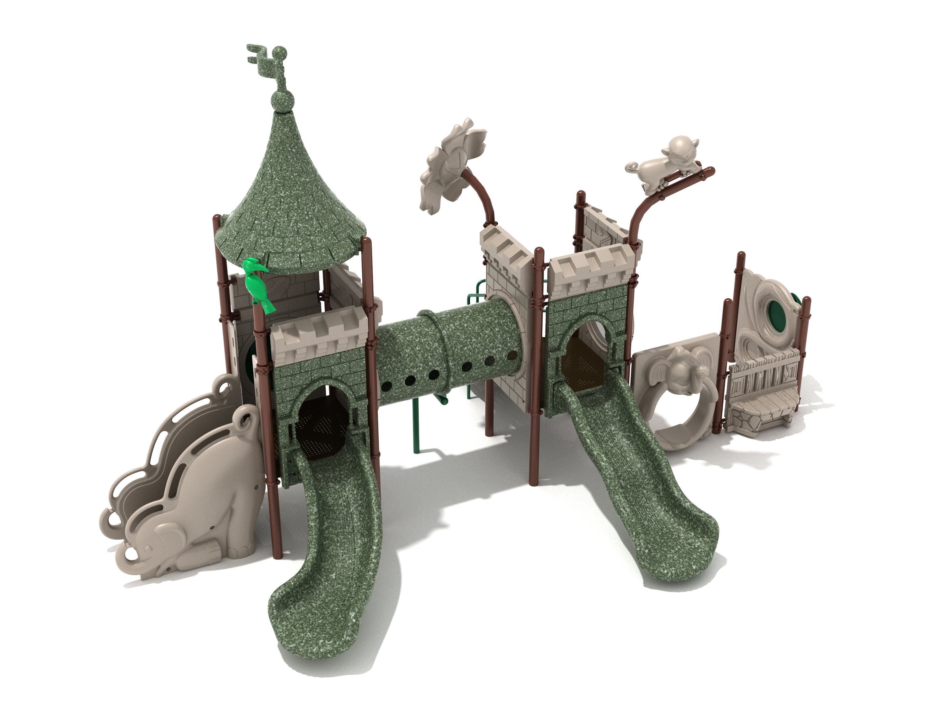 Playground with green slides, tube bridge, elephant-themed panels, and animal toppers in a colorful jungle design