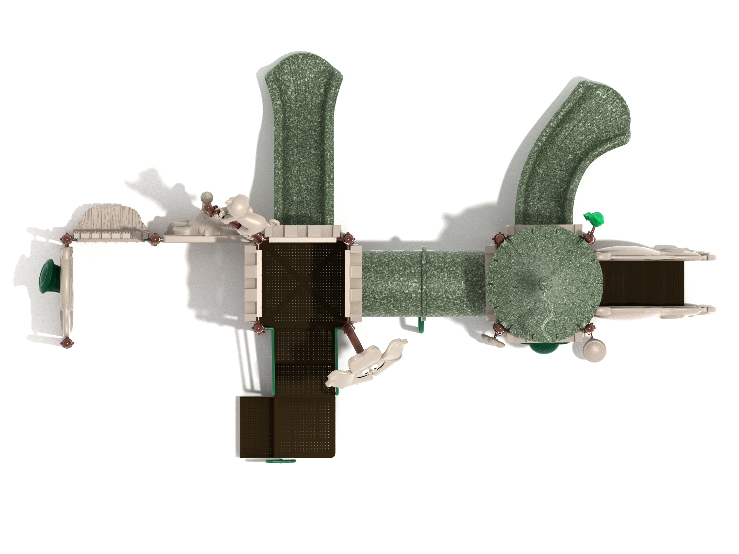 Overhead view of green and beige playground with slides, tunnels, animal toppers, interactive panels, and tube bridge
