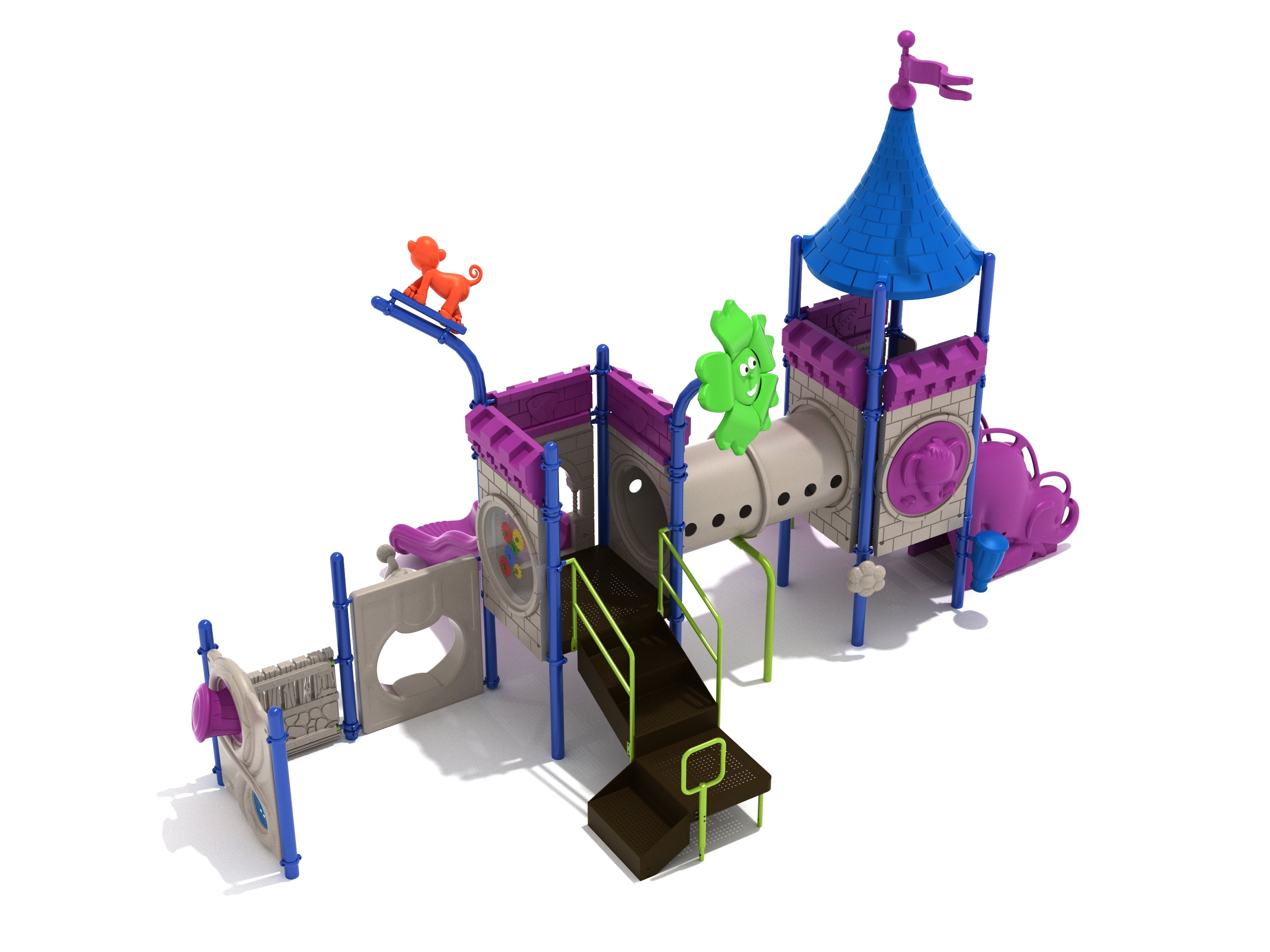 Colorful children's playground with castle towers, tube bridge, animal toppers, interactive panels, and stairs
