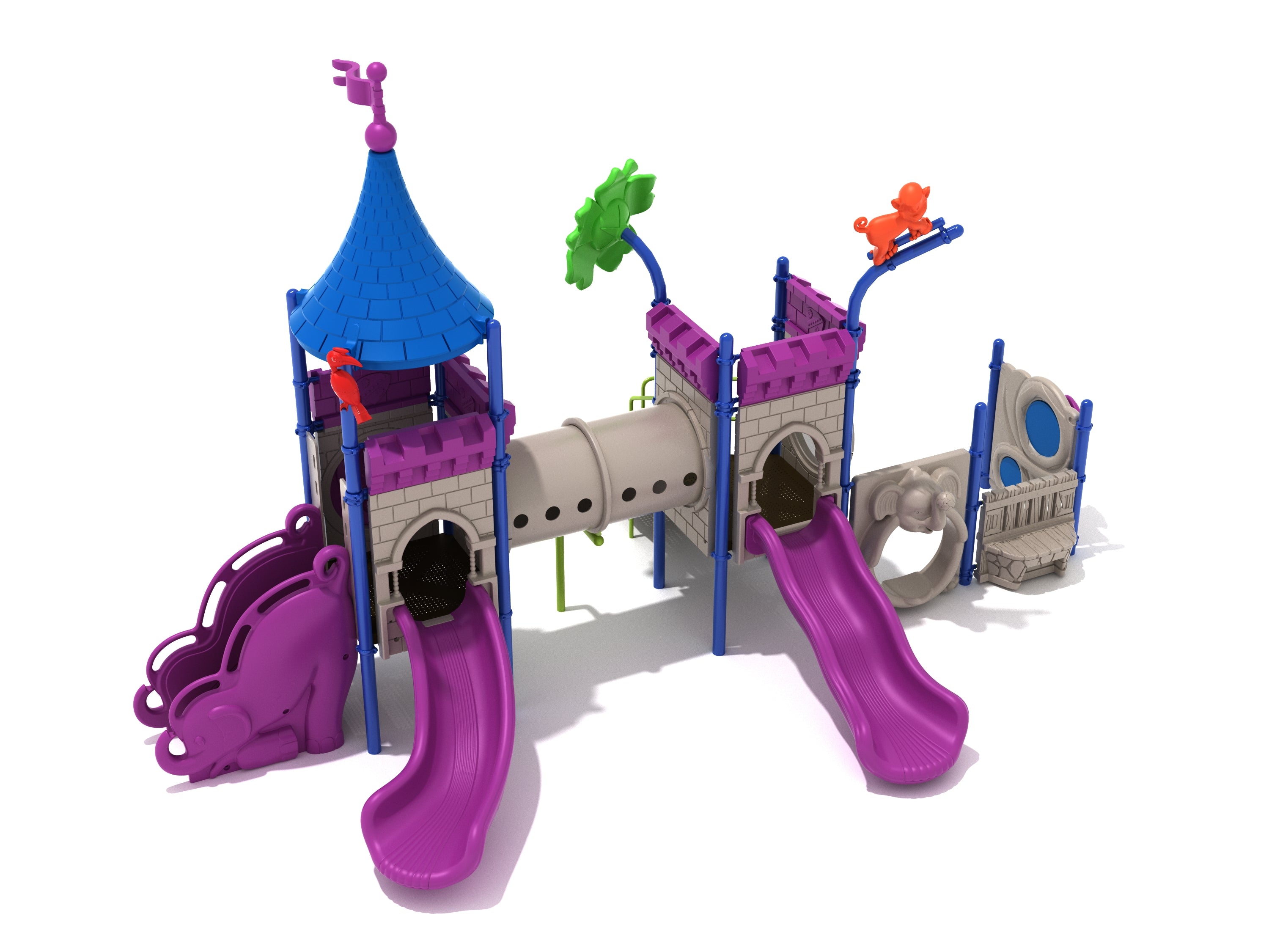 May Day Market Playground with purple slides, animal toppers, tube bridge, and elephant-themed panels in vibrant colors