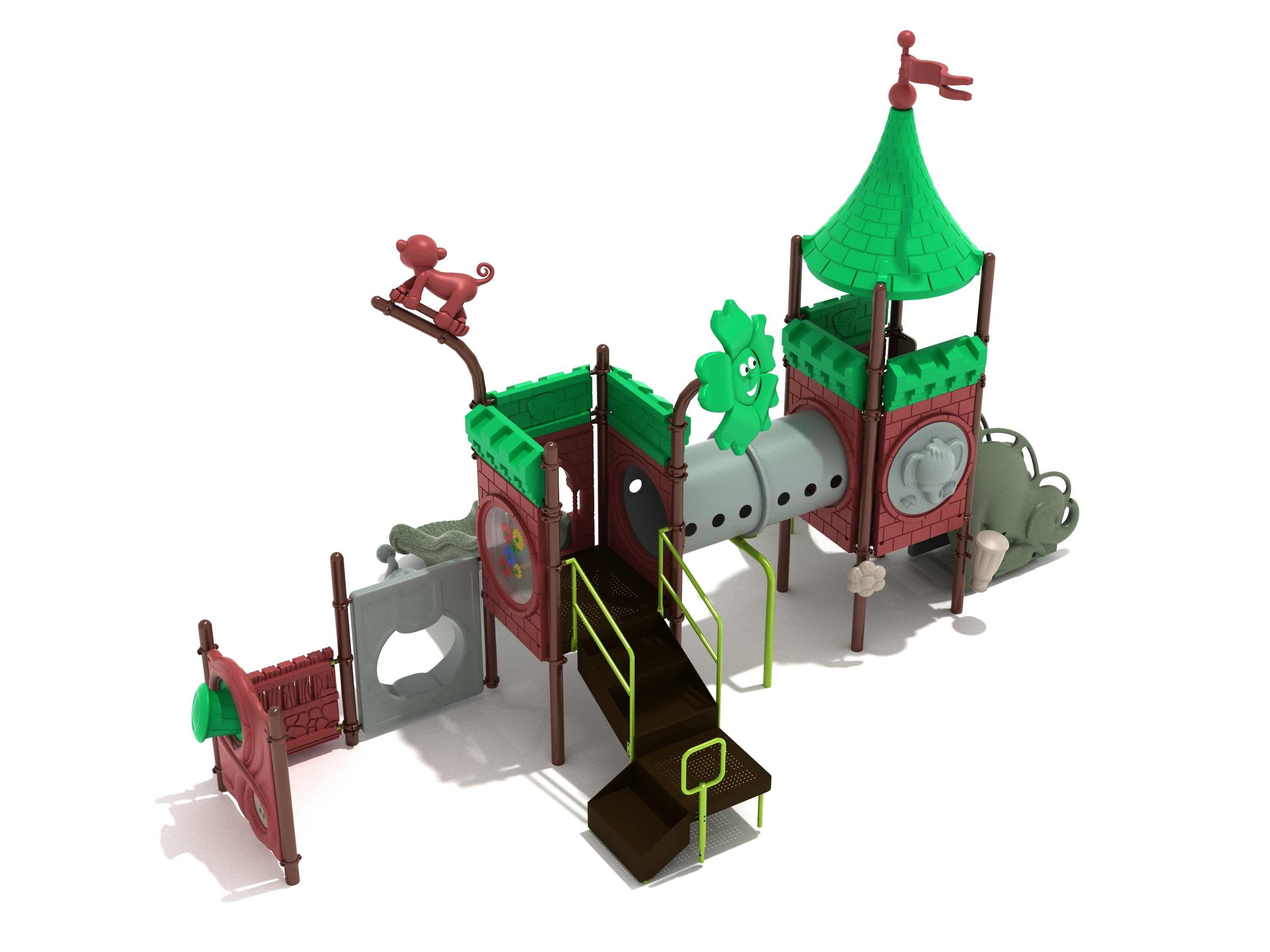 Colorful playground structure with green roofs, animal toppers, tube bridge, stairs, and interactive play panels