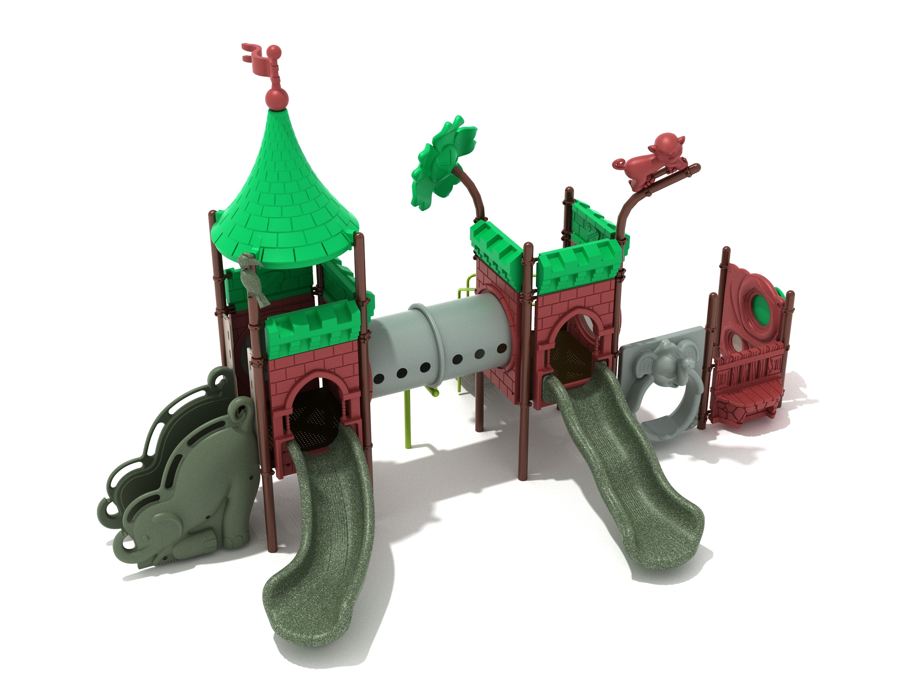 Colorful playground structure with green roofs, animal toppers, two slides, and a connecting tube bridge