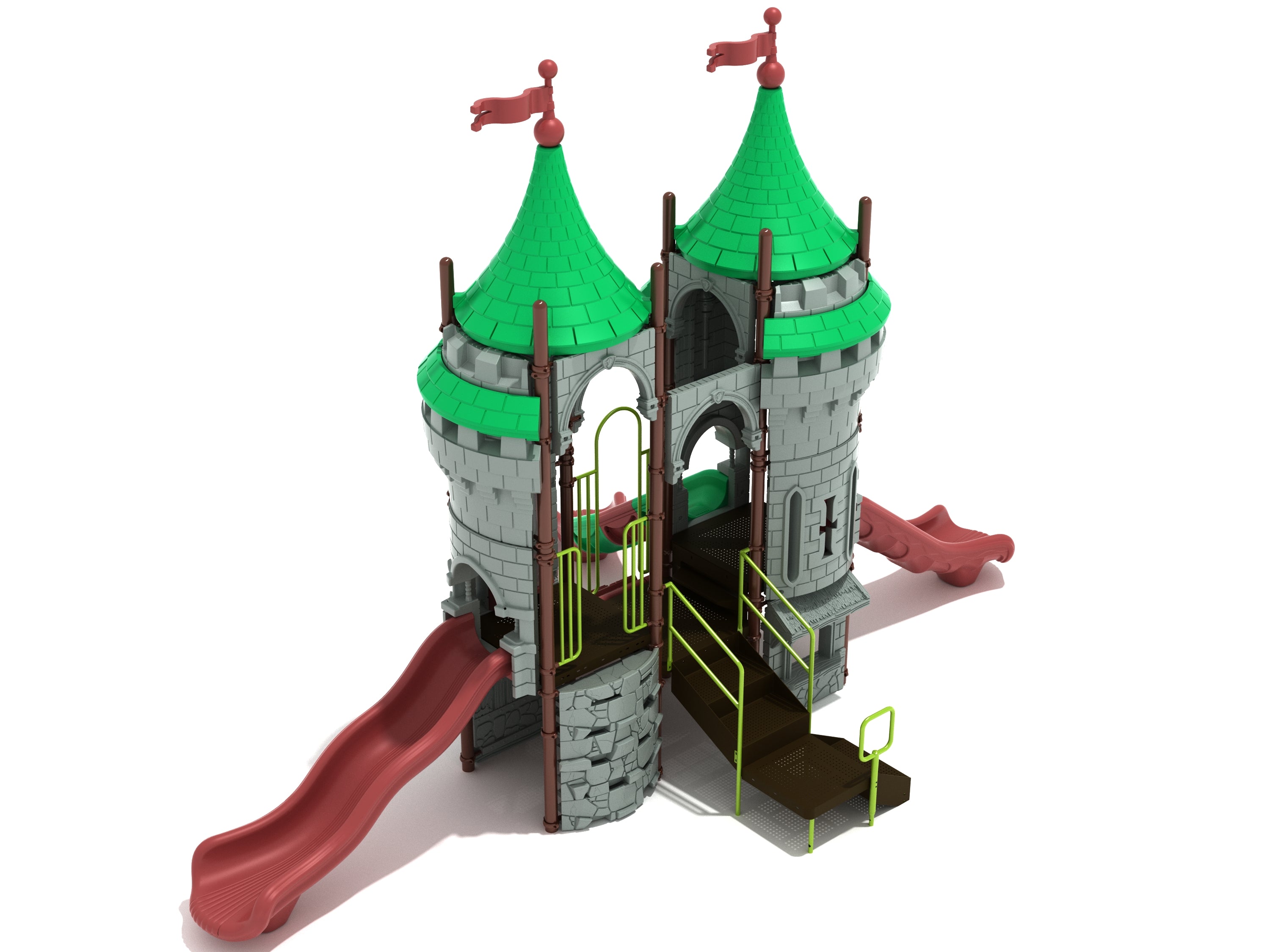 Castle-themed playground with green conical roofs, red slides, brown platforms, safety railings, and interactive play panels