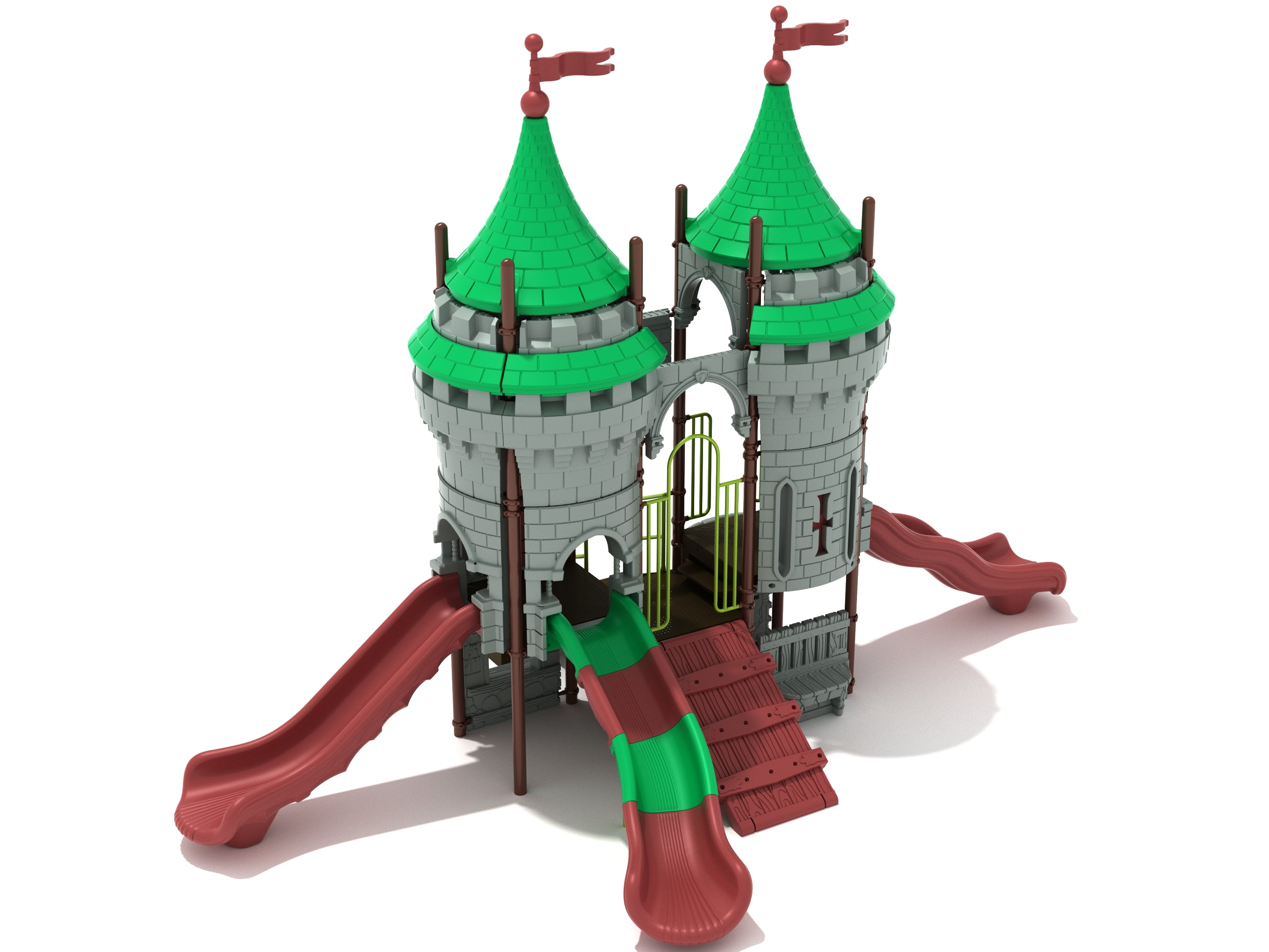 Hemyock Halls Playground castle-themed play system with green turret roofs, red and green slides, climbing features, and interactive panels