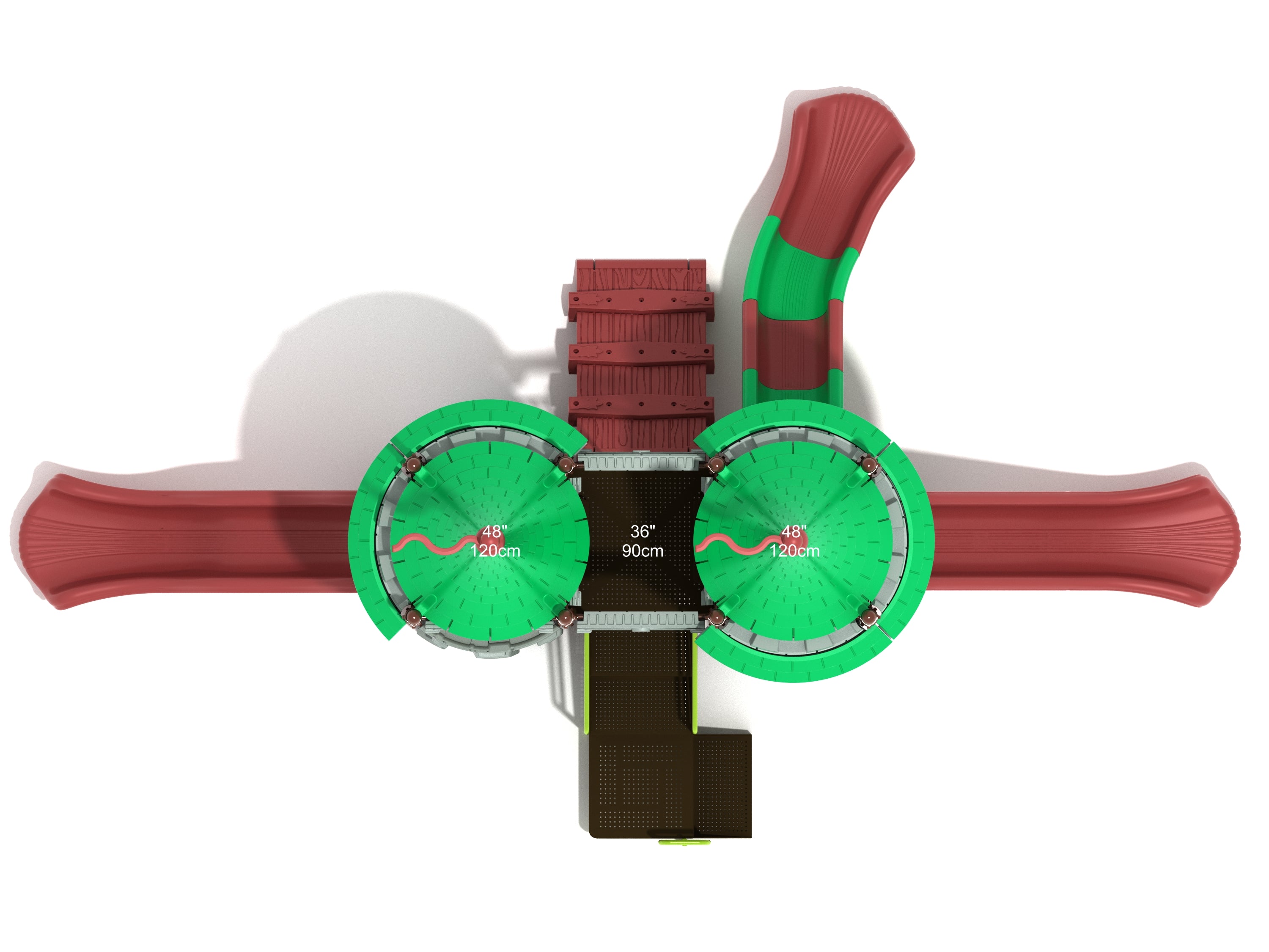 Overhead view of a green and red castle-themed playground with two circular towers, multiple slides, and connecting platforms