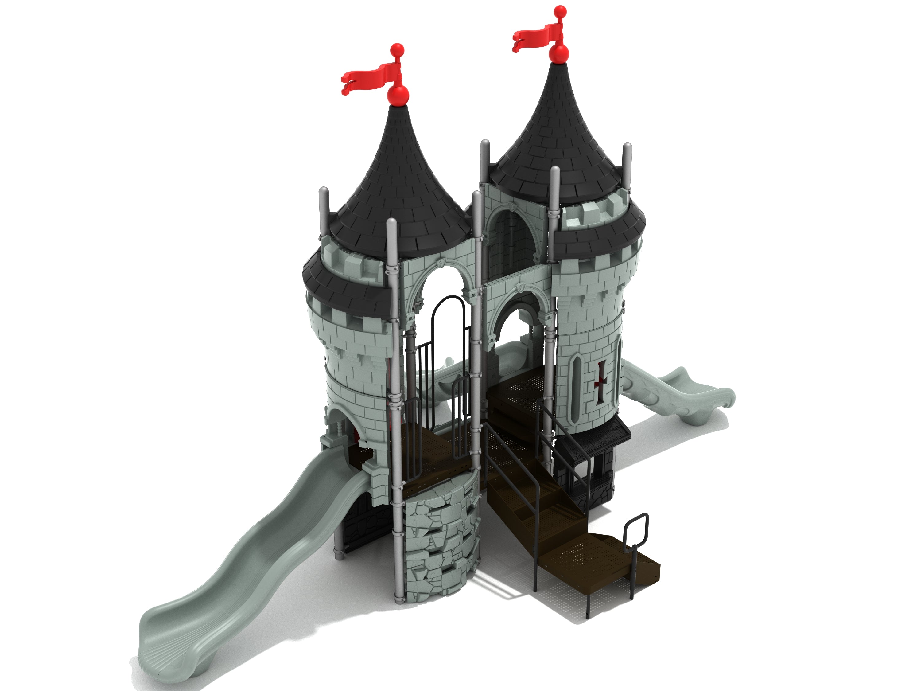 Castle-themed playground with twin towers, red flags, two slides, and a connecting bridge for imaginative outdoor play.