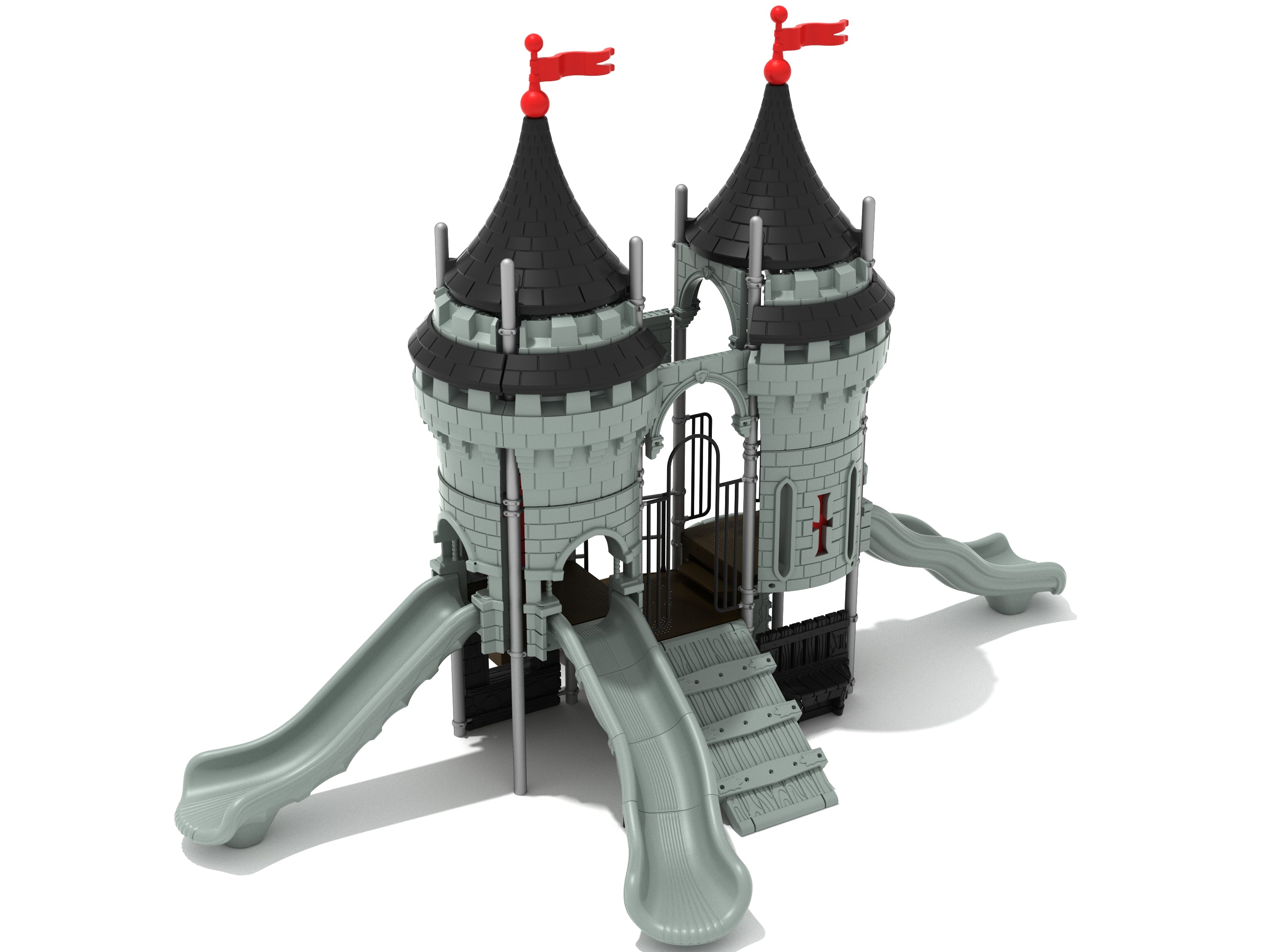 Castle-themed playground with twin towers, red flags, multiple slides, and a drawbridge-style climber