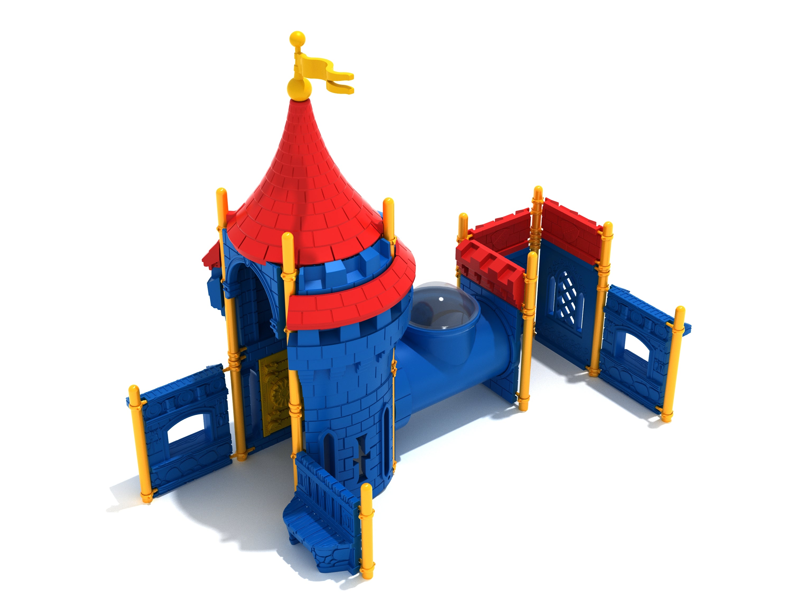Castle-themed toddler playground with red turret, blue walls, yellow posts, crawl tube with peek window, and interactive play panels.