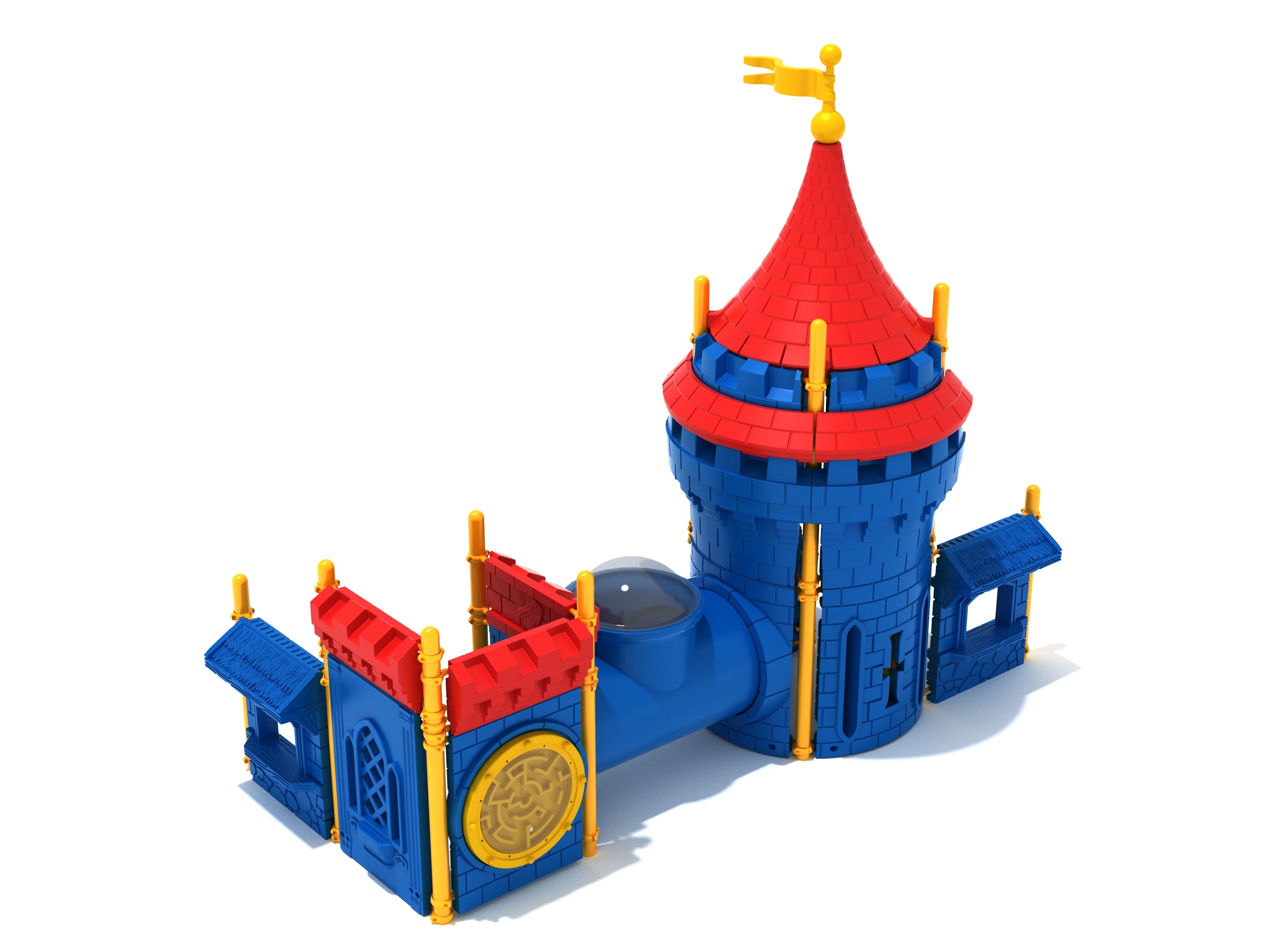 Horizon's Camp Playground castle-themed play system with red turret, blue walls, yellow accents, crawl tube, and interactive activity panels