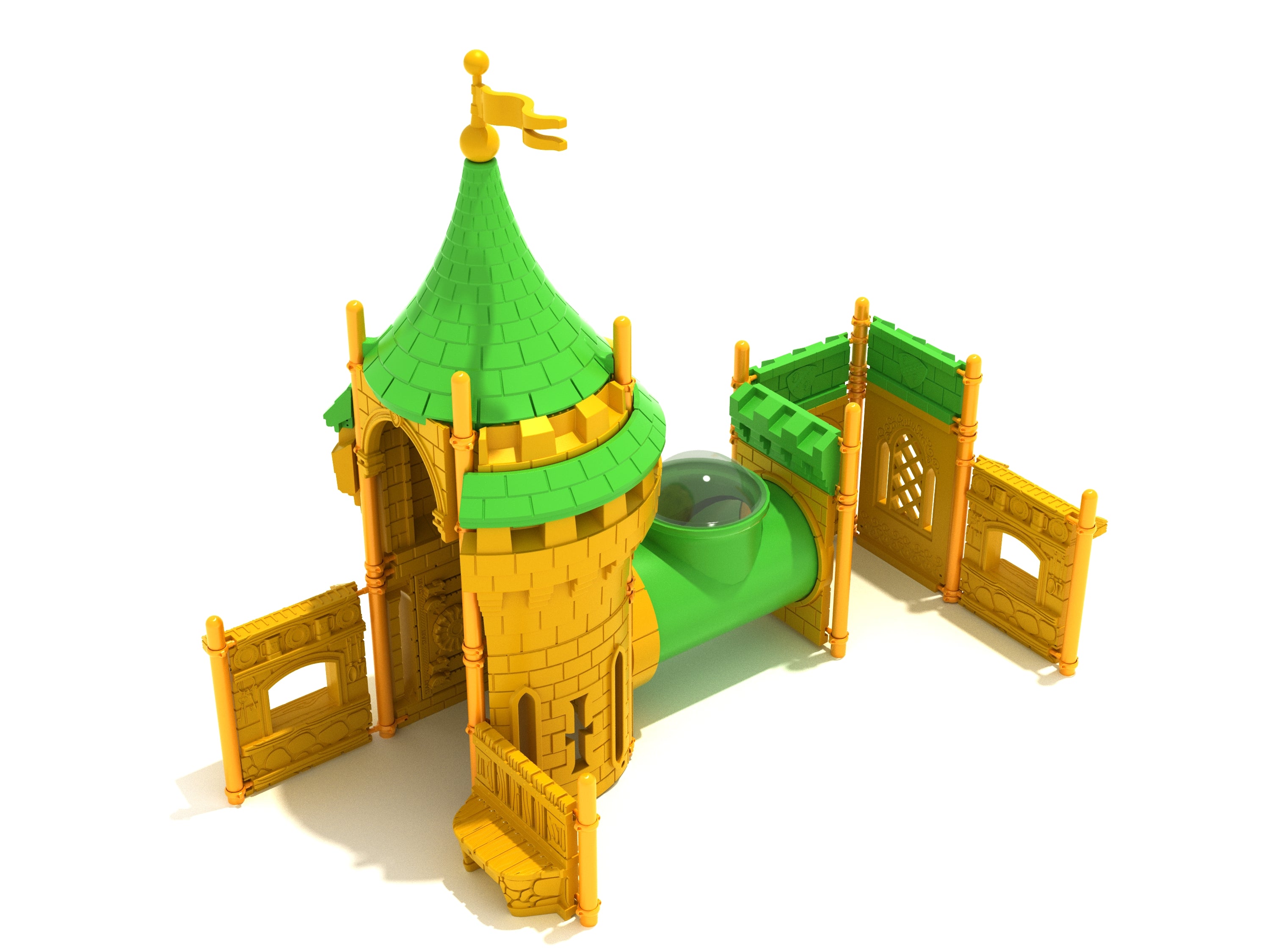 Castle-themed toddler playground with green turret, yellow walls, crawl tube with peek window, interactive panels including store, race game, and ball maze
