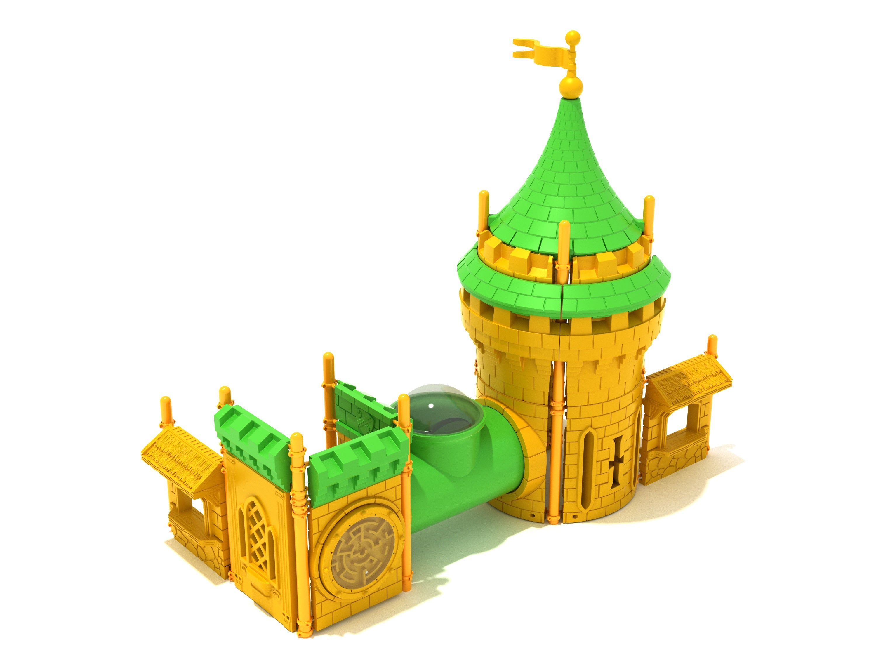 Castle-themed toddler playground with green turret, yellow walls, interactive panels, ball maze, and transparent crawl tube with peek window