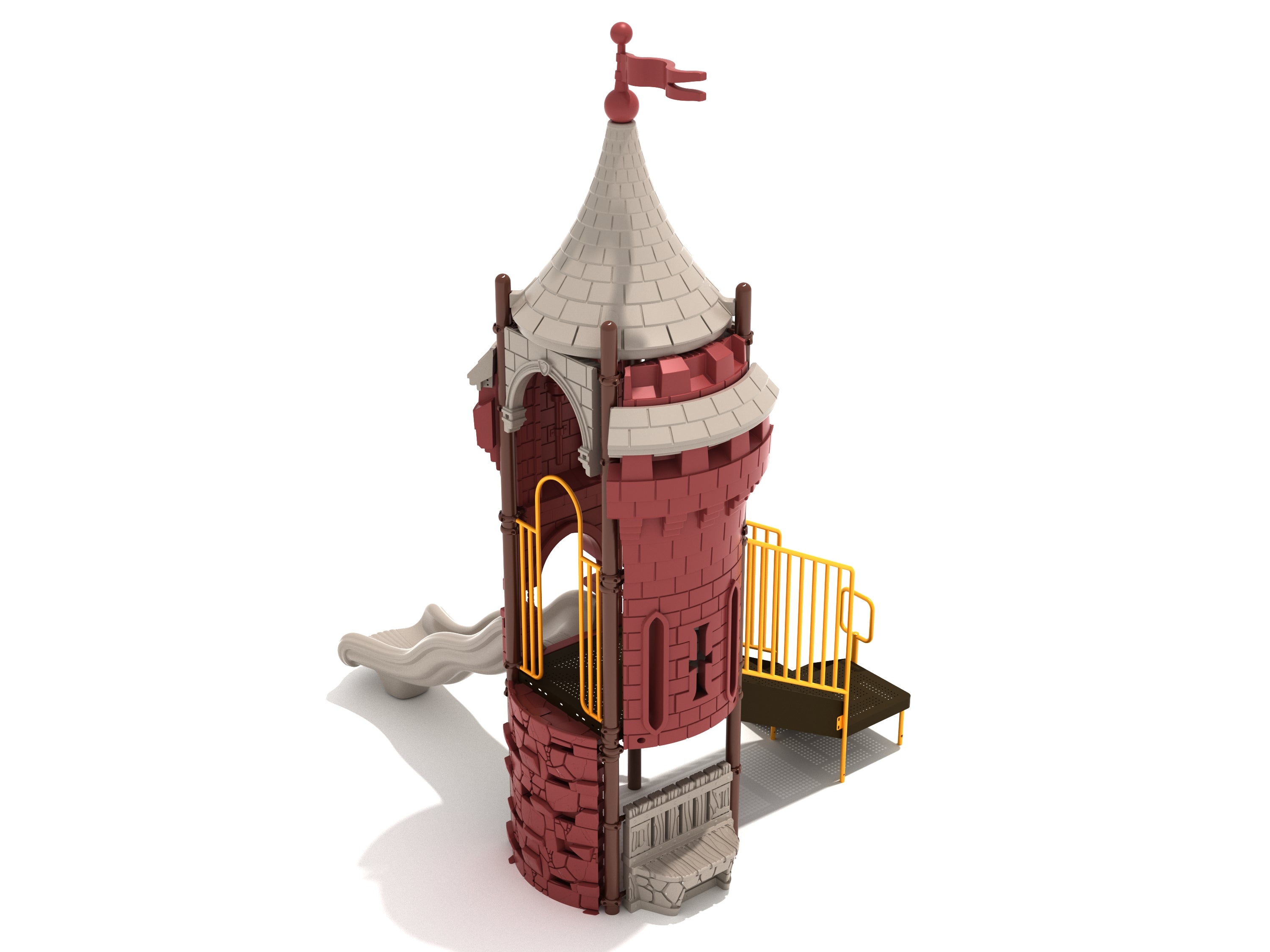 Castle-themed playground tower with conical roof, wave slide, climbing wall, yellow safety railings, and interactive play panels