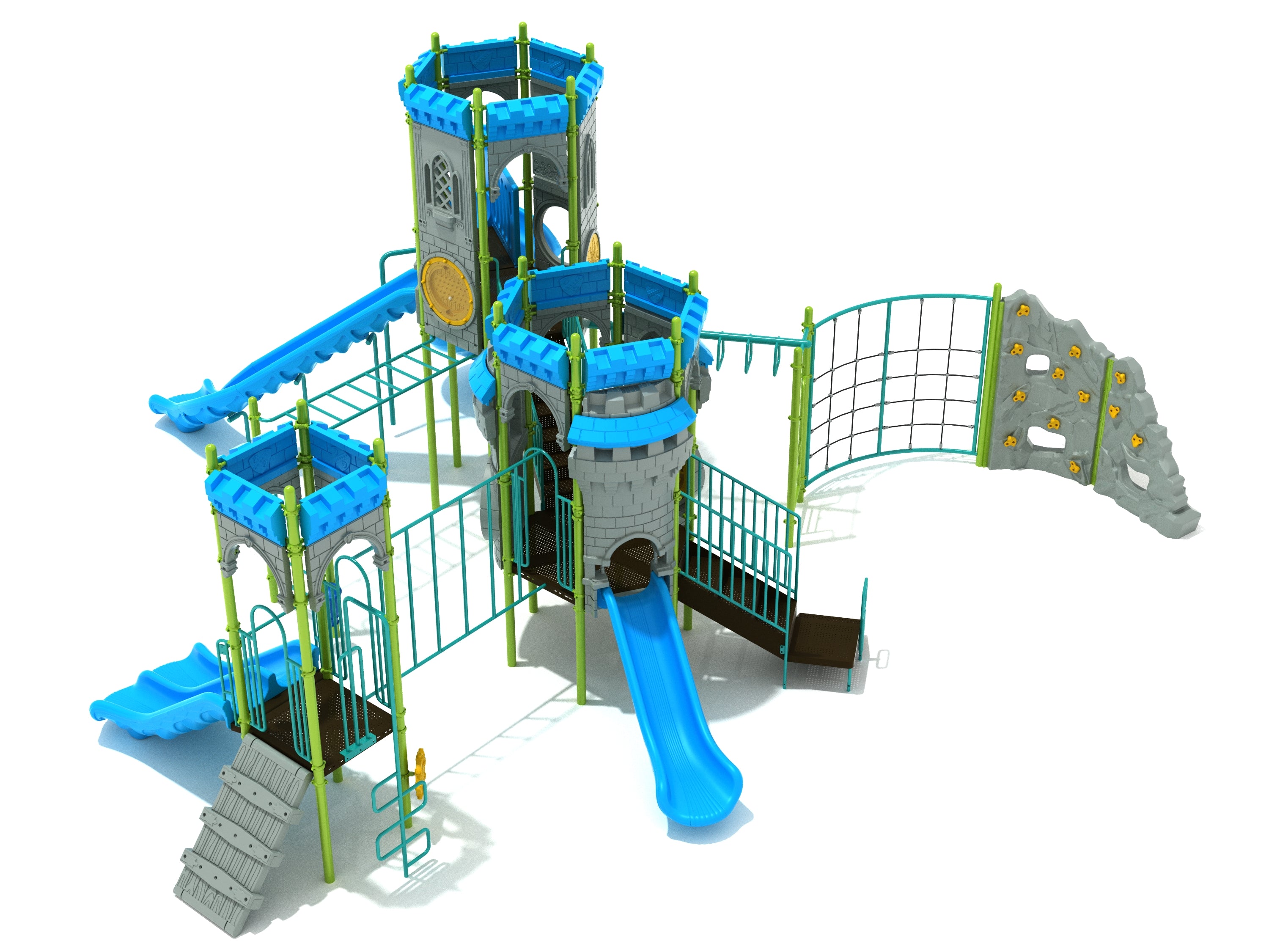 Colorful castle-themed playground with blue slides, climbing walls, monkey bars, turret decks, and interactive play panels.