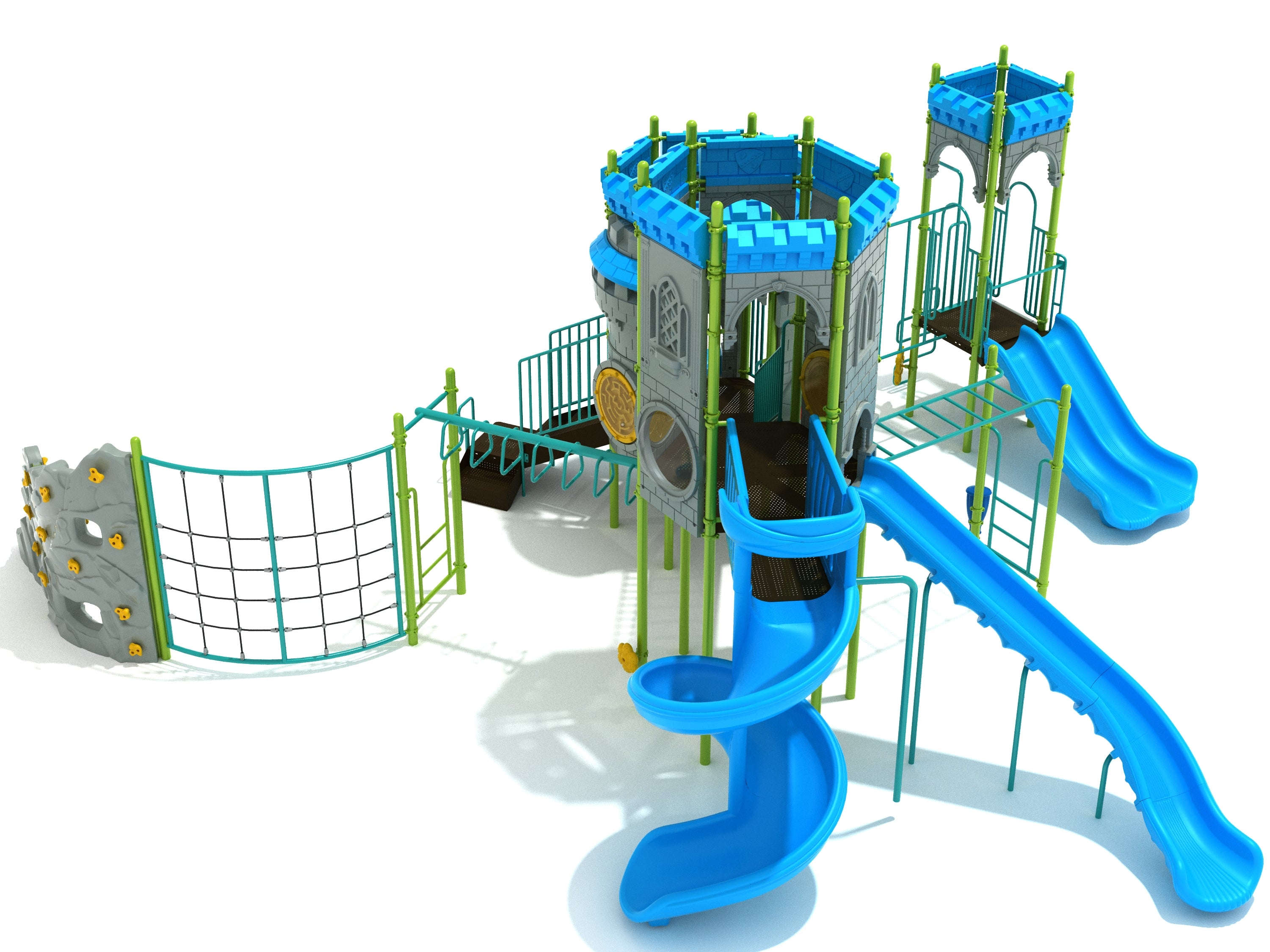Provencal Palisade Playground with castle-themed towers, blue slides, climbing nets, green support poles, and interactive play panels