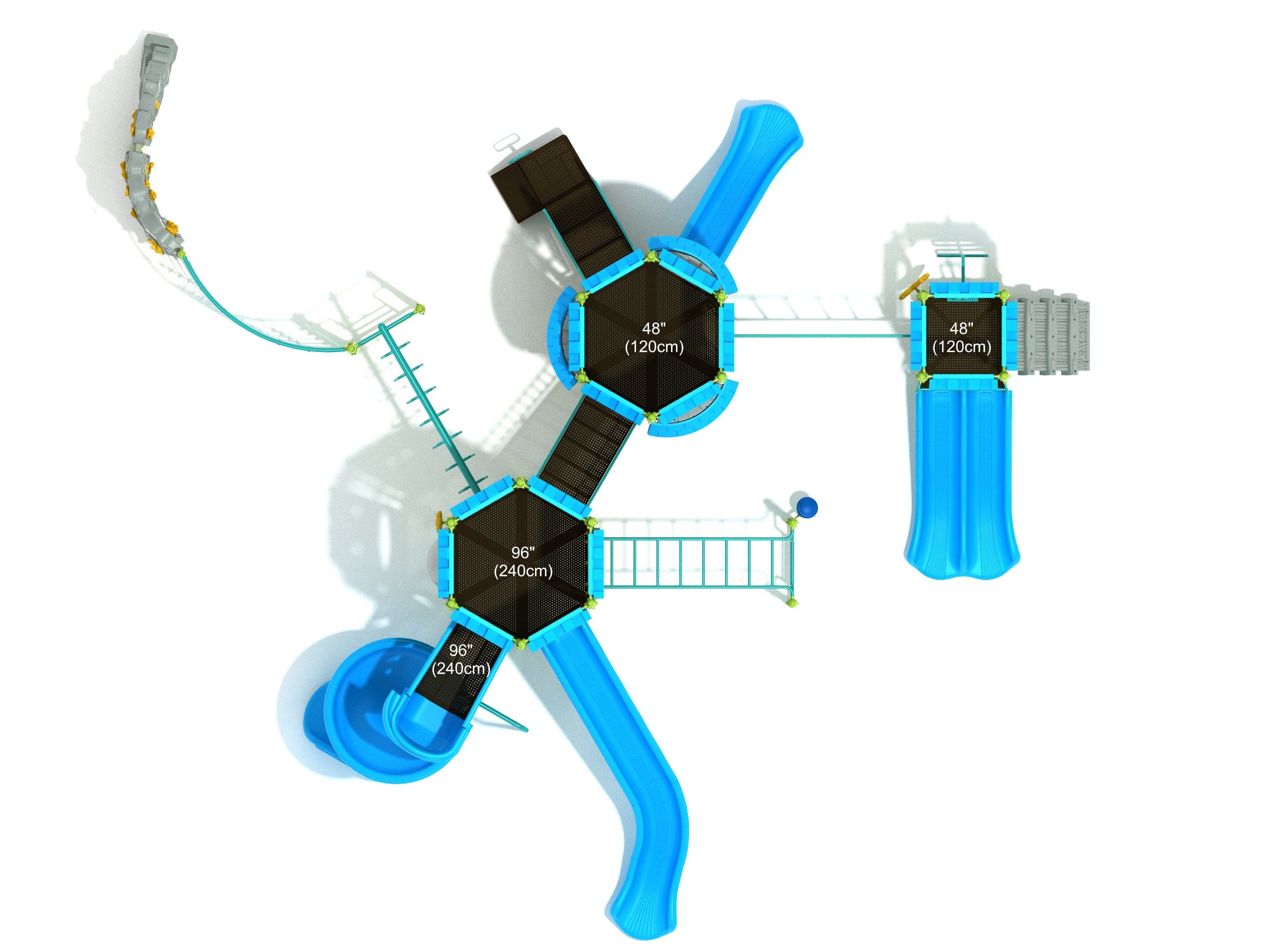 Overhead view of a large blue and black commercial playground with slides, climbing structures, turret-like decks, and interactive play panels