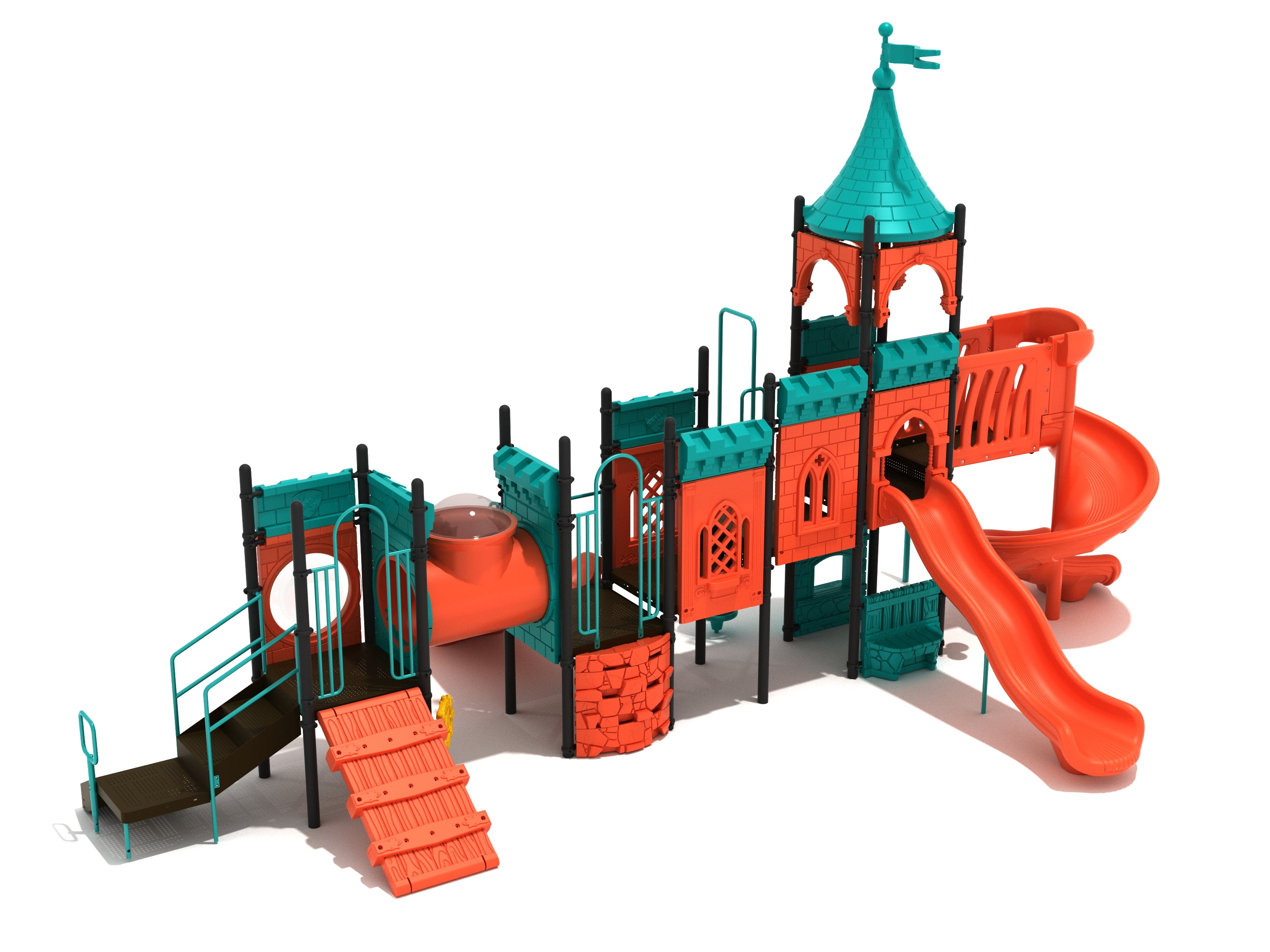 Castle-themed playground with slides, climbers, tube bridge, turret with flag in orange and teal colors