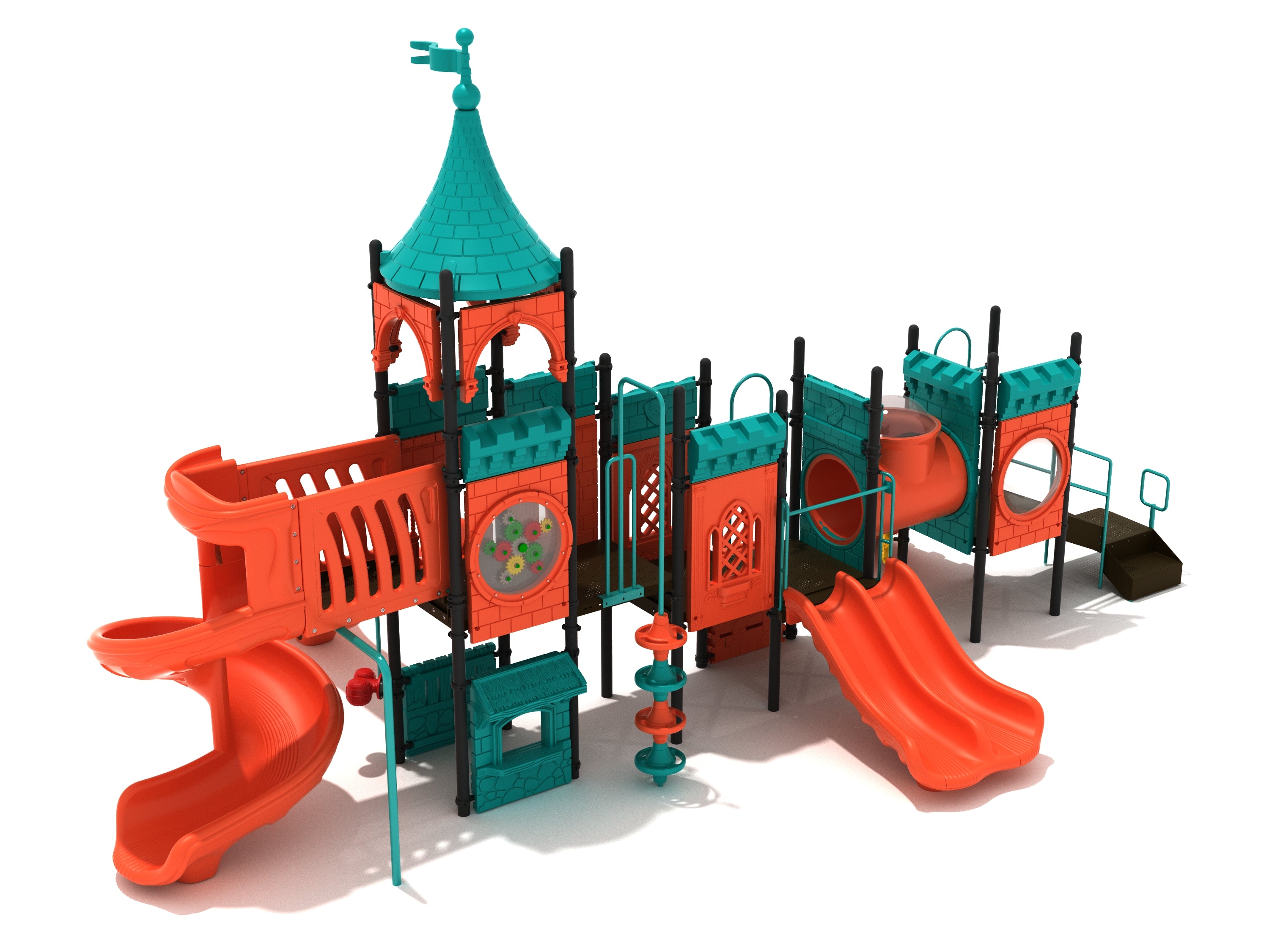 Honorable Oath Playground large castle-themed play system with teal and orange towers, slides, tube bridge, and interactive panels