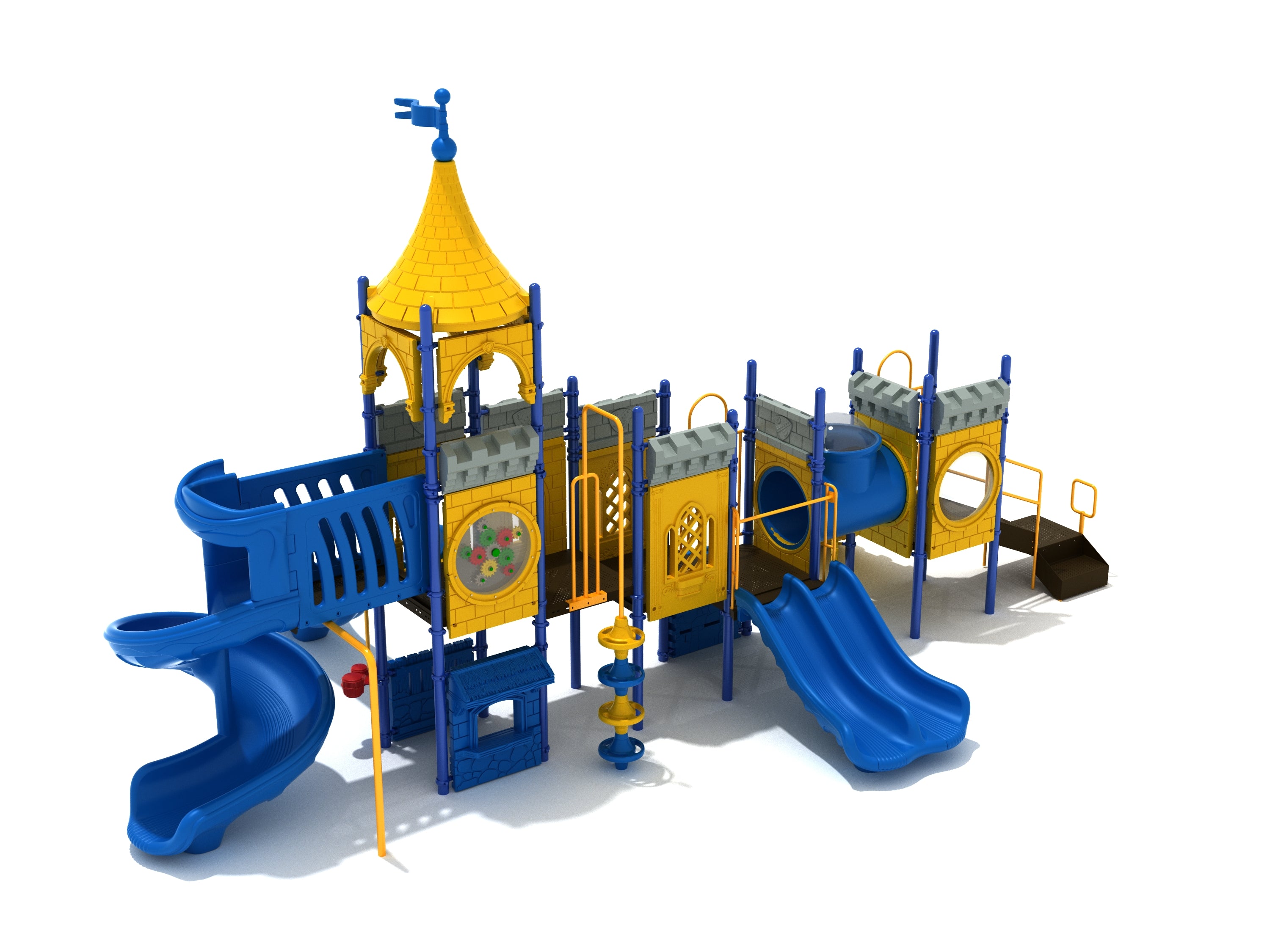 Castle-themed playground with blue slides, yellow panels, tube bridge, climbing elements, and interactive ground-level features