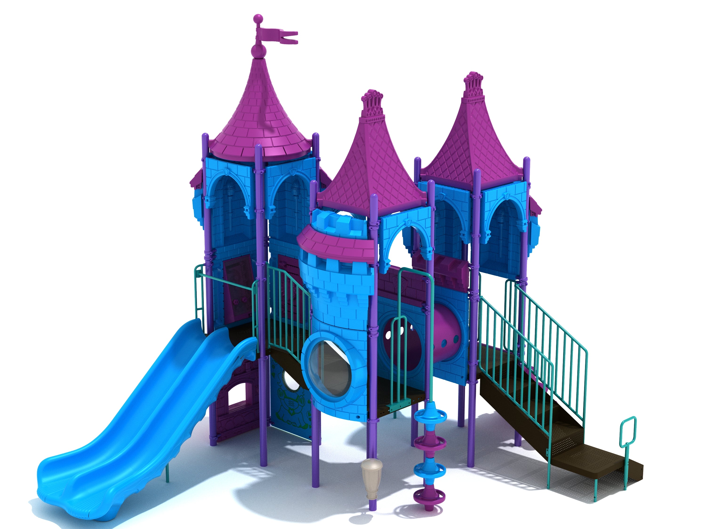 Cold Harbour Commons Playground with castle-themed towers, blue slides, climbing elements, tunnel, and interactive play panels