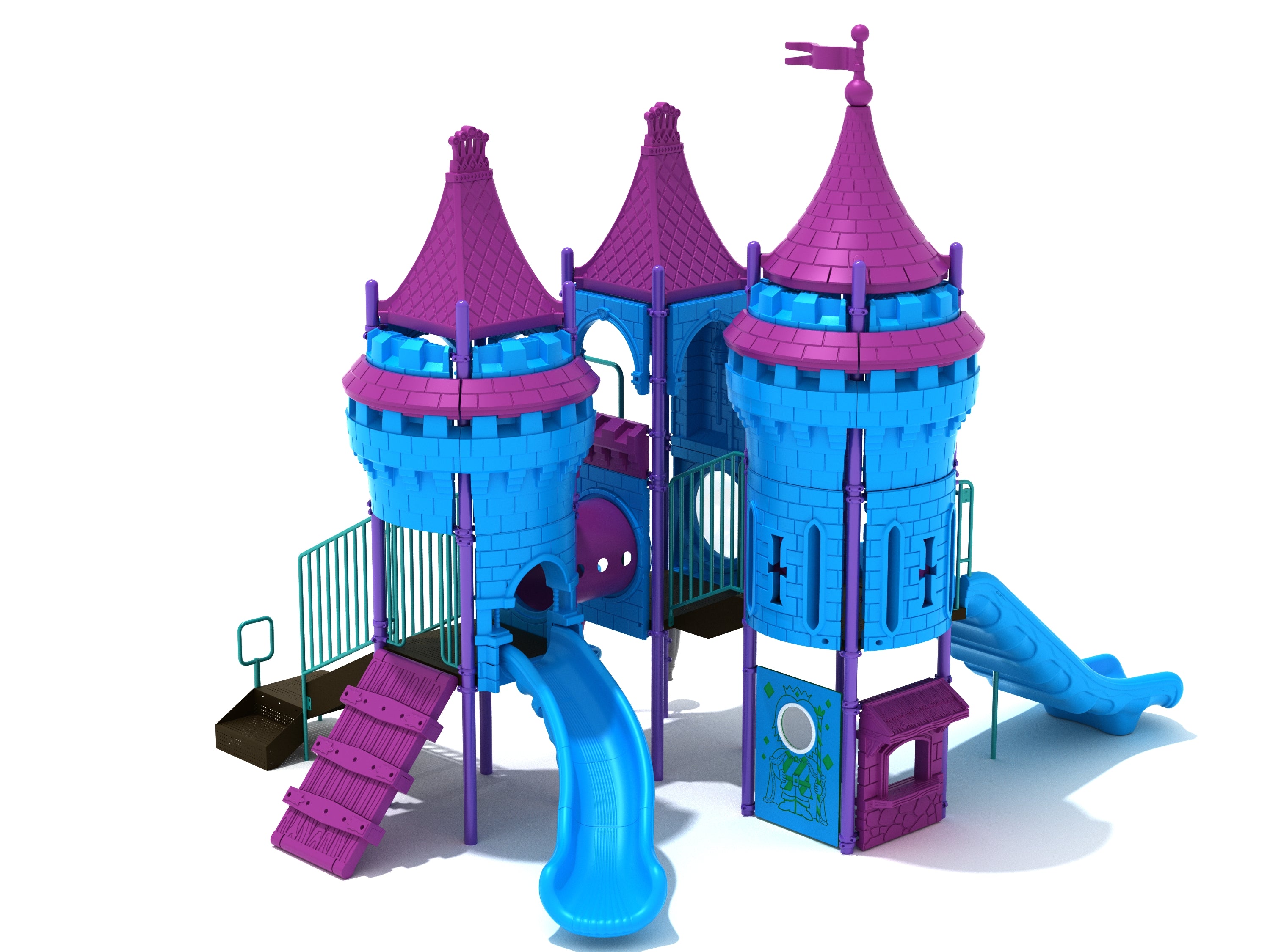 Castle-themed playground with blue slides, purple turrets, climbing ramp, and interactive play panels for imaginative outdoor fun