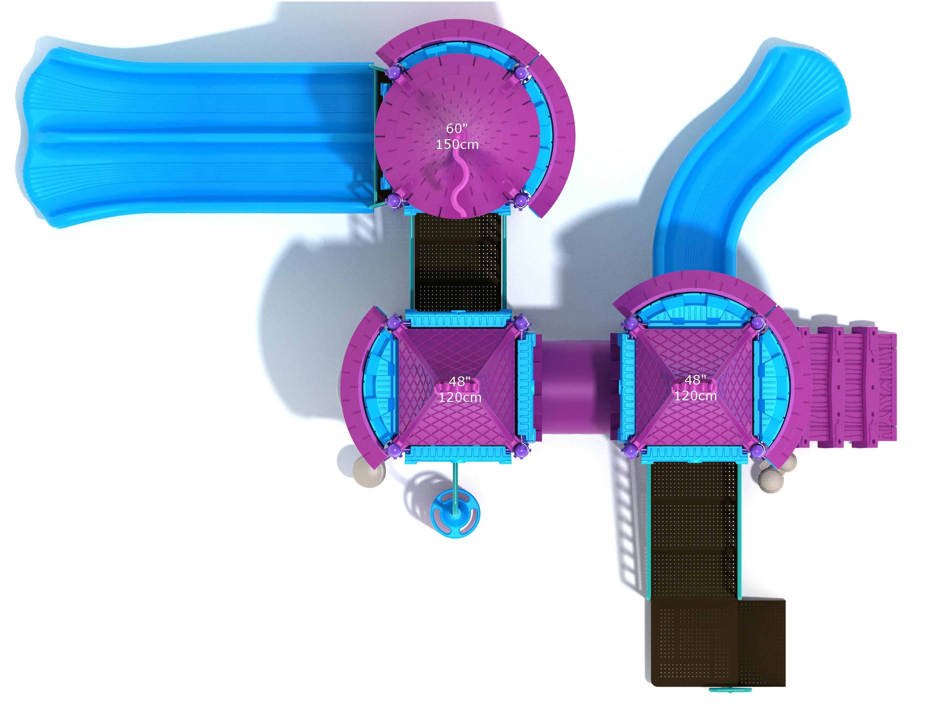 Overhead view of colorful castle-themed playground with slides, climbing platforms, bridges, and interactive play panels in blue and purple