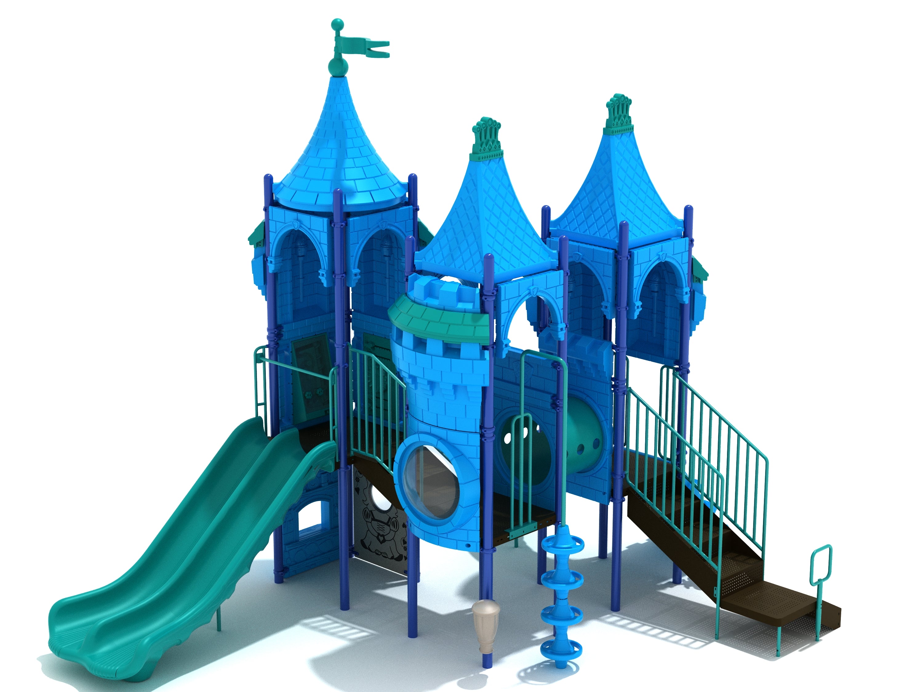 Castle-themed blue and teal playground structure with slides, climbers, tunnel, bubble window, and decorative turrets