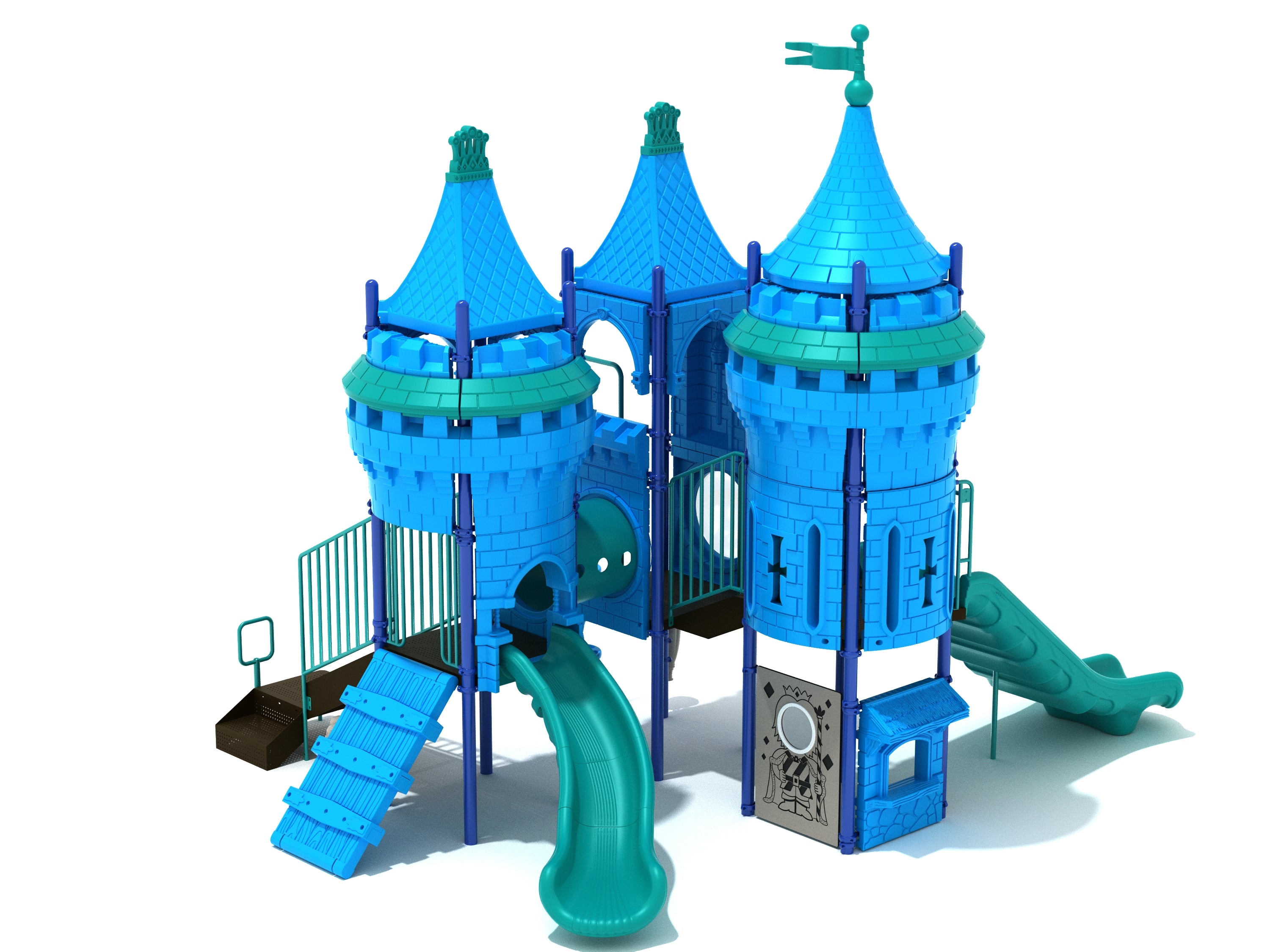 Blue and teal castle-themed playground structure with slides, climbing panels, playhouse features, and interactive elements
