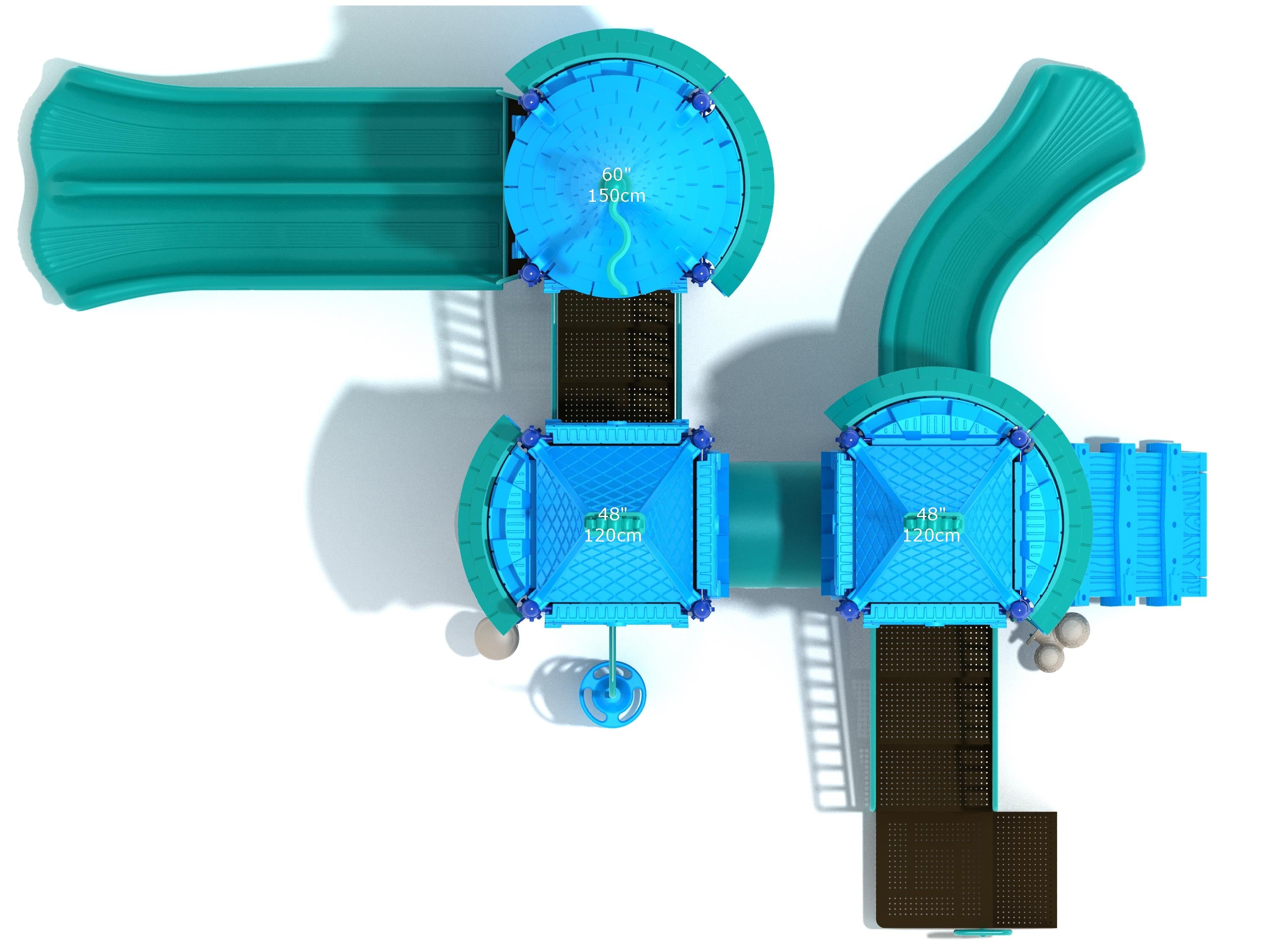 Overhead view of a blue and teal castle-themed playground structure with slides, climbers, platforms, and interactive panels