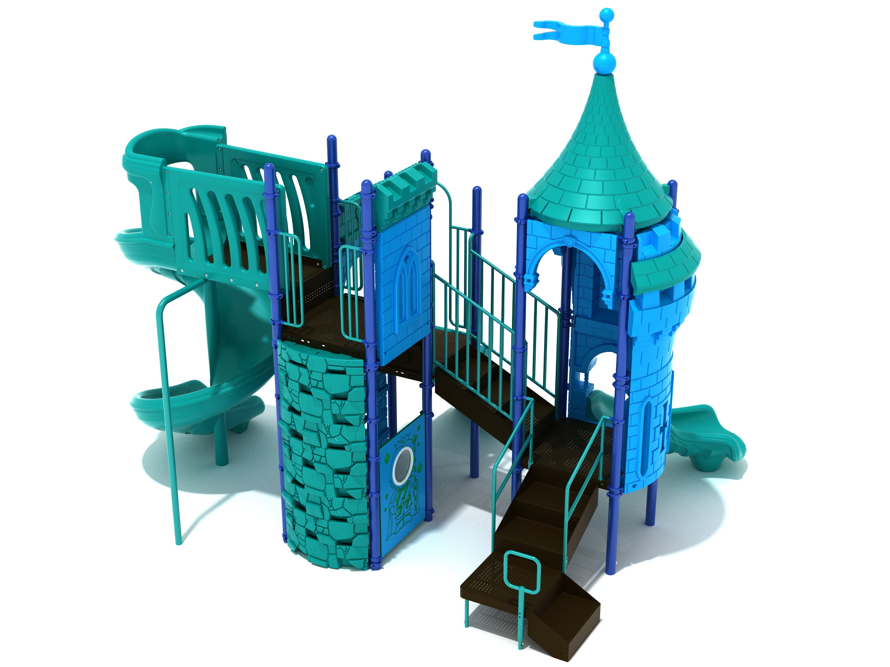 Colorful castle-themed playground with spiral slide, climbing wall, turret tower, and interactive play panels