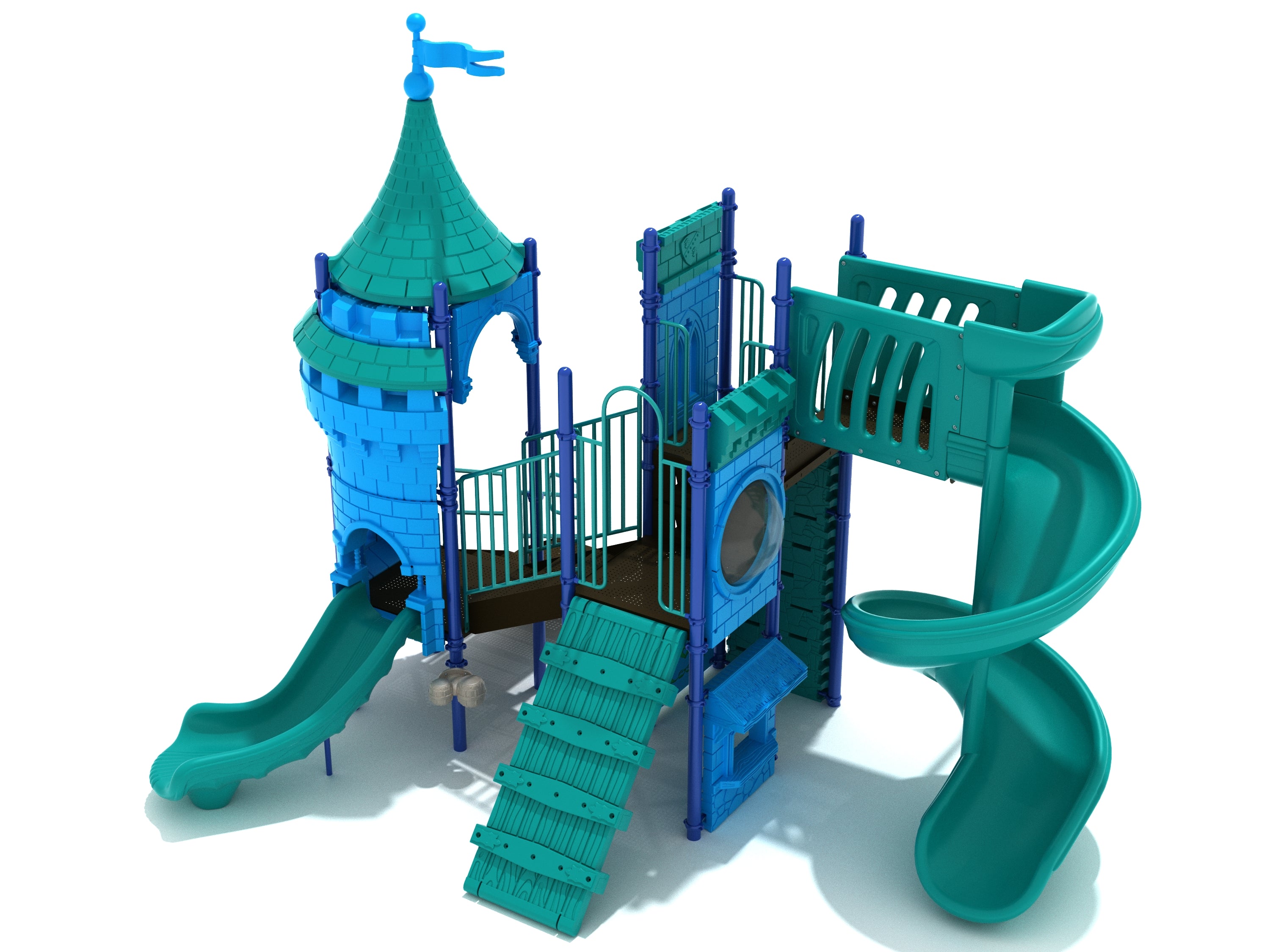 Camelot Court Playground with storybook castle tower, spiral slide, rock wall climber, bridge, and vibrant blue-teal play structures