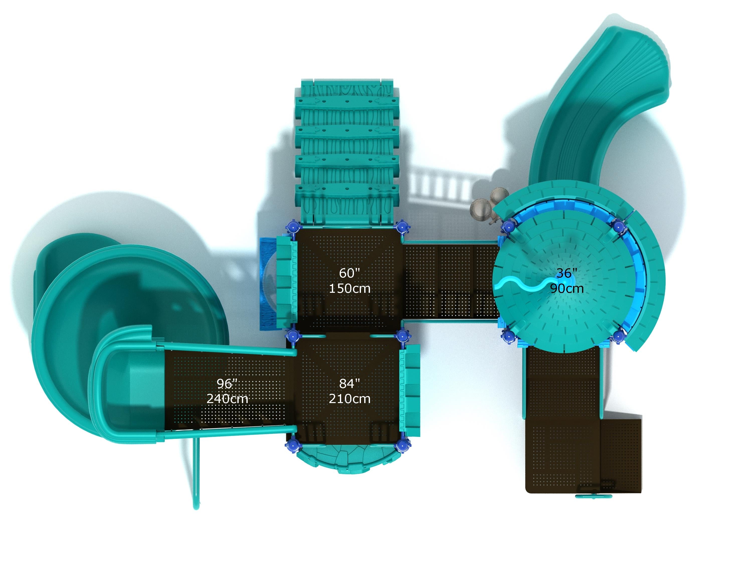Overhead view of a teal and brown castle-themed playground with slides, climbing walls, platforms, and a spiral slide