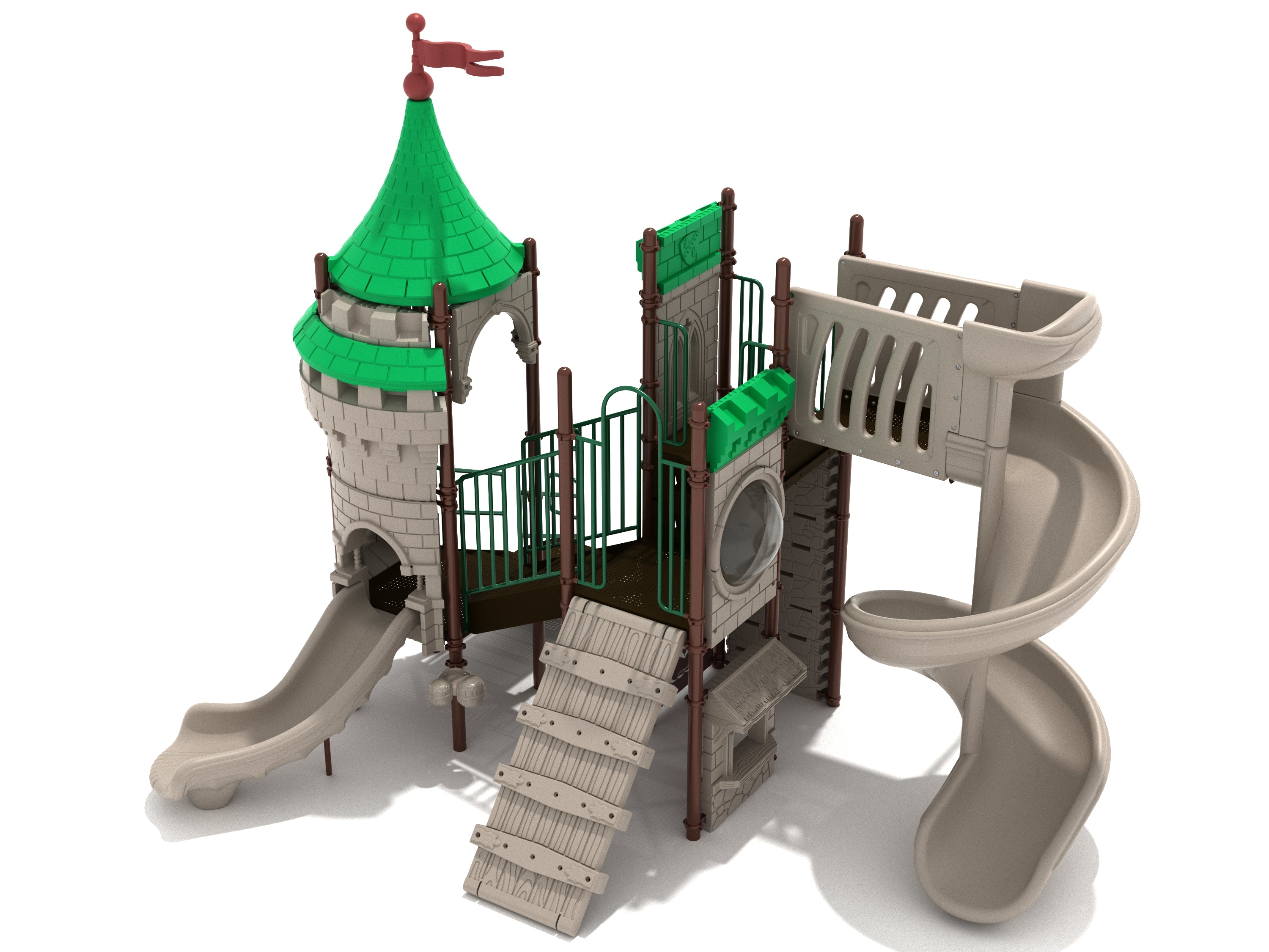 Castle-themed playground with green turret, climbing ramp, spiral slide, and inclusive bubble play panel