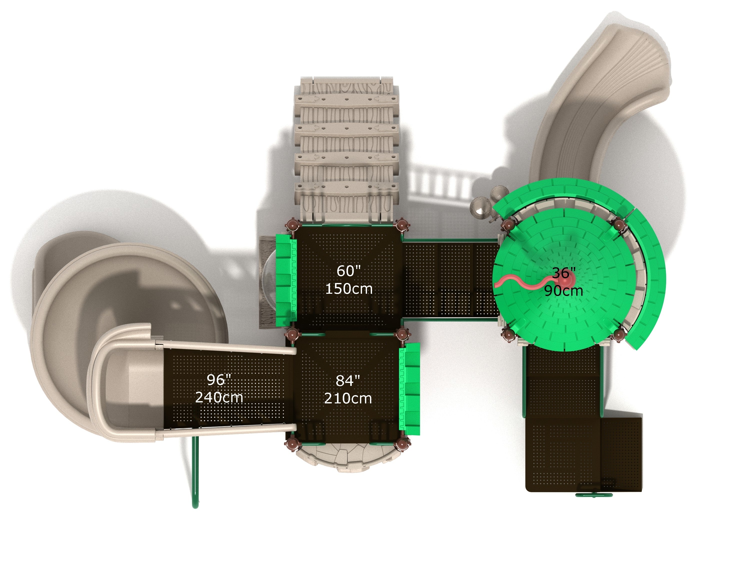 Overhead view of a large green and beige castle-themed playground with slides, climbing walls, platforms, and interactive panels